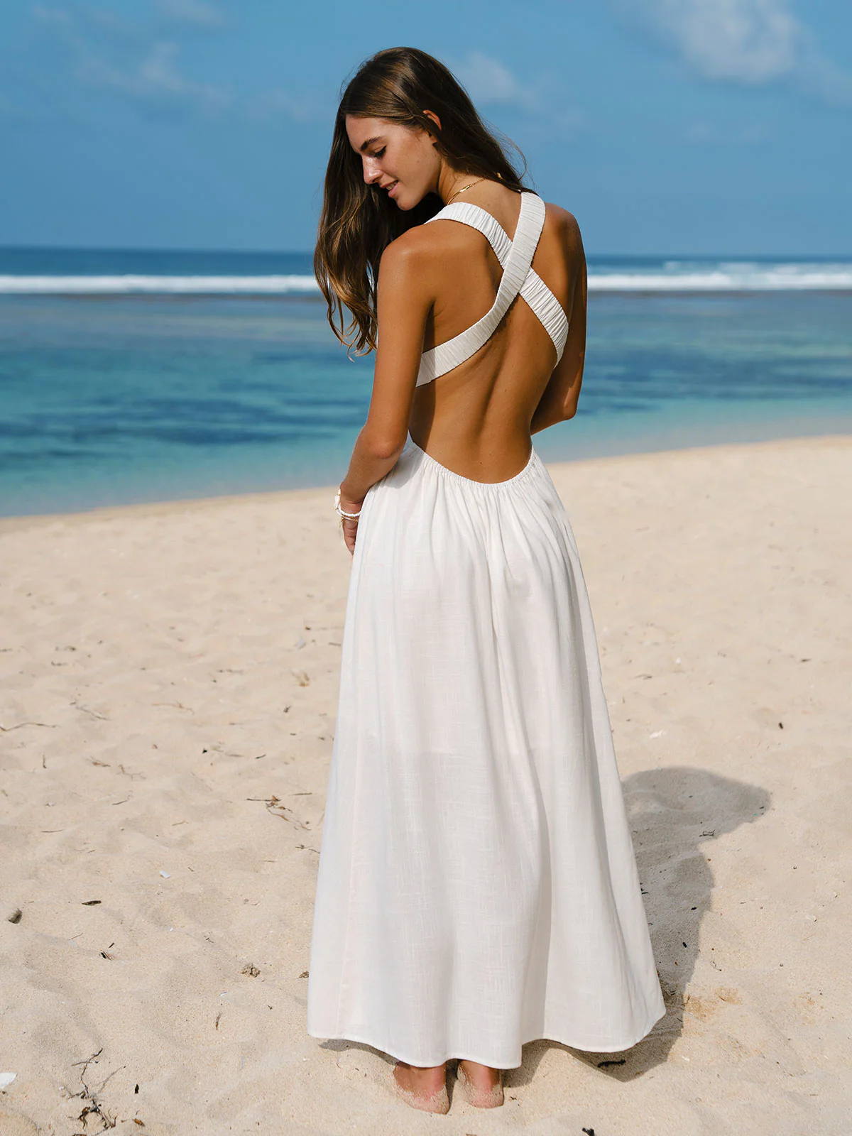 Solid Cross Back Twist Waist Deep V Beach Maxi Dress