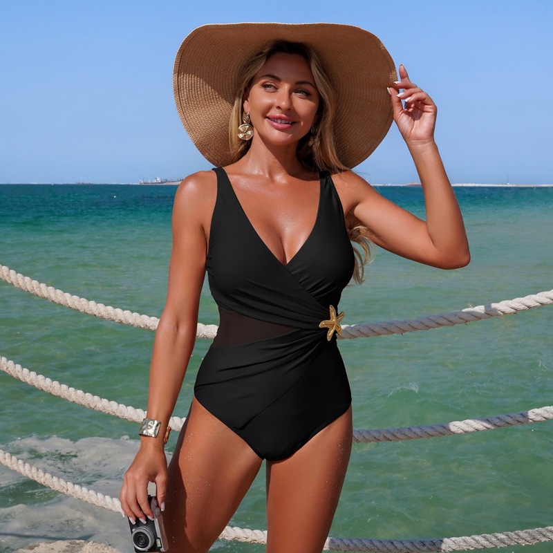Women's 2026 New Mesh & Color-Block One-Piece with V-Neck and Starfish Detail