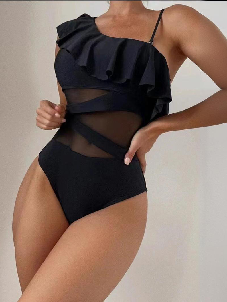 Solid Color Swimsuit with Sheer Mesh Panels