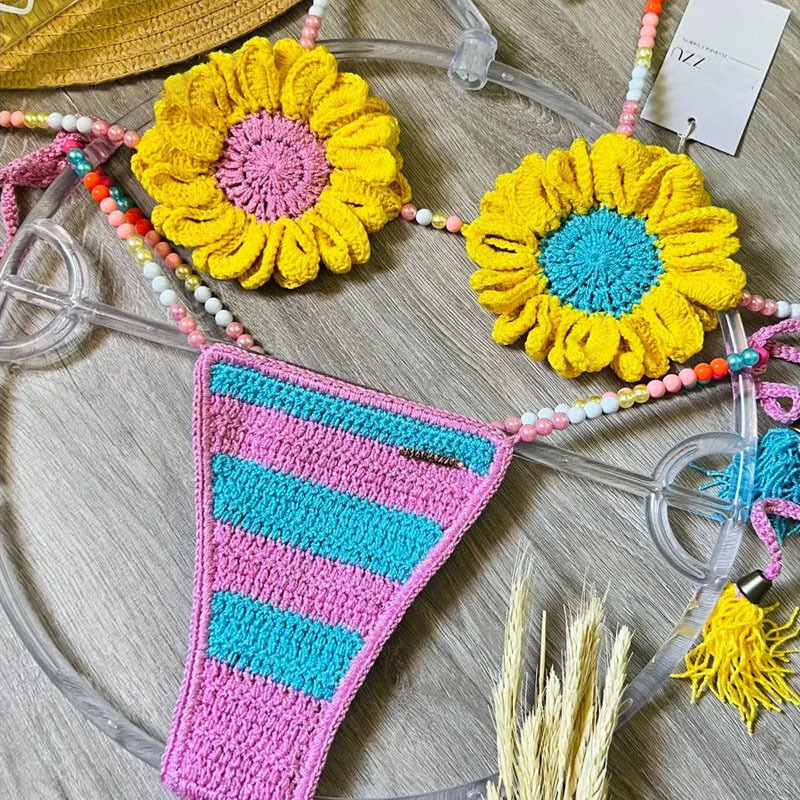 Women's Boho Crochet Bikini with Flower Details Two-Piece Swimsuit