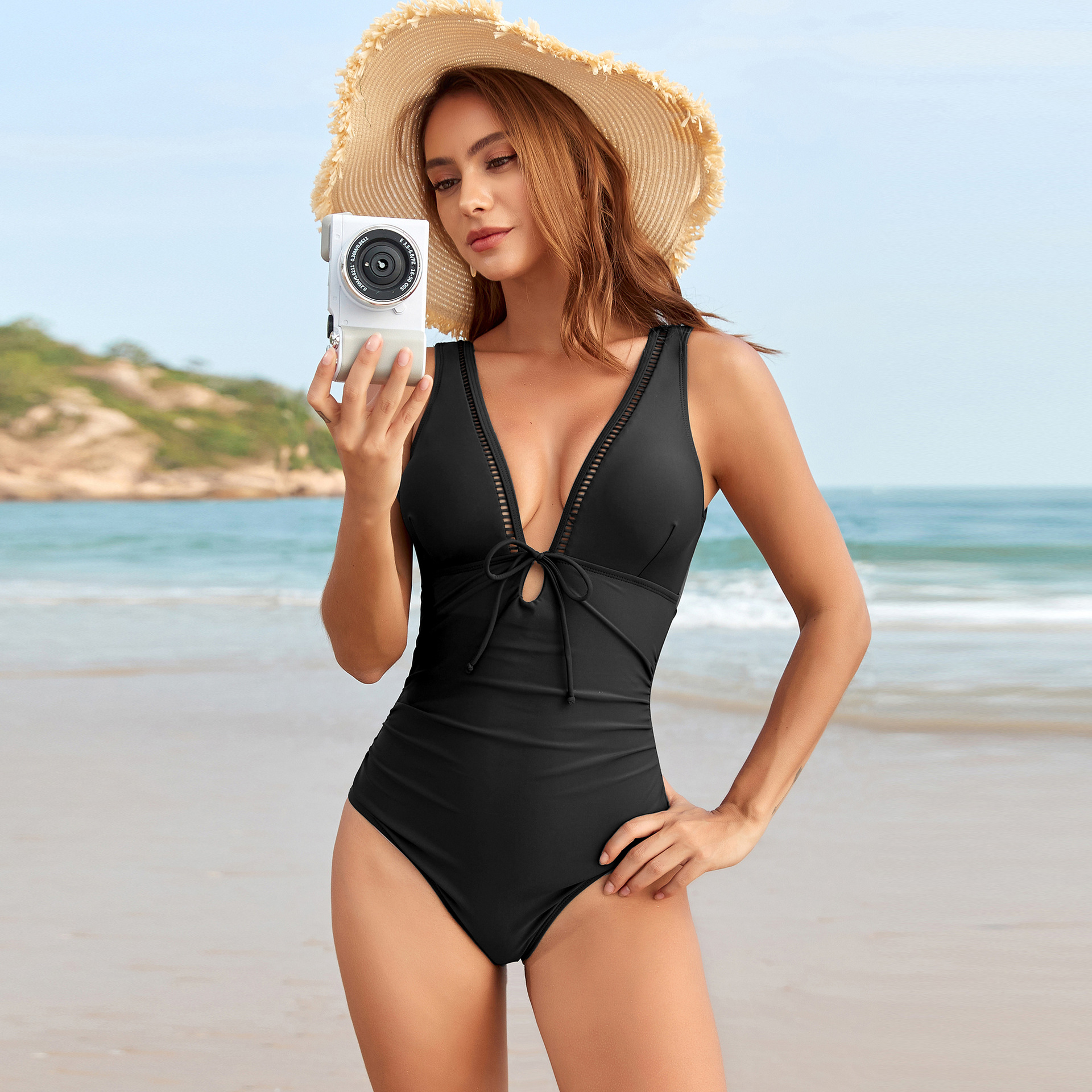 Plunging V-Neck One-Piece Swimsuit with Cut-Outs and Tie Detail