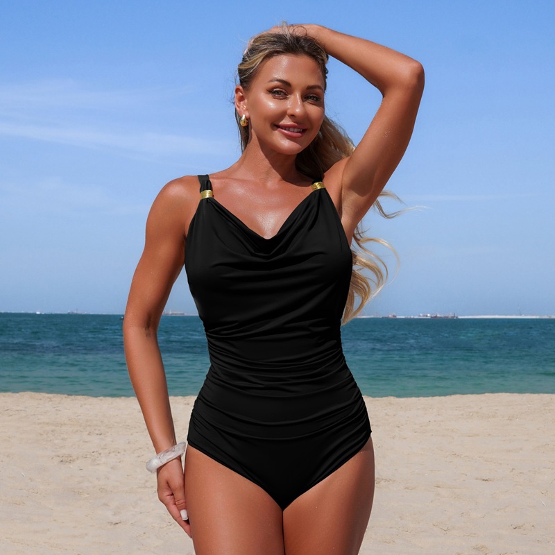 Women's 2026 New Solid Color V-Neck One-Piece Swimsuit