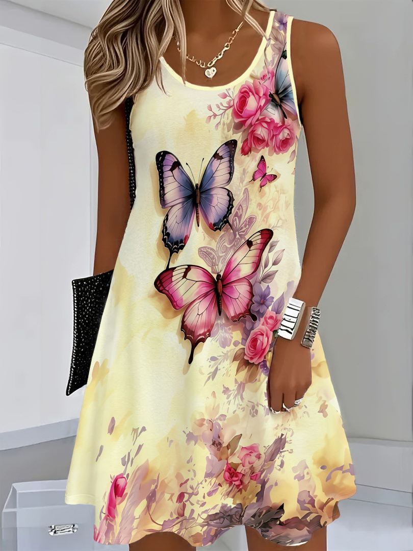 Sleeveless Casual Butterfly Print Dress