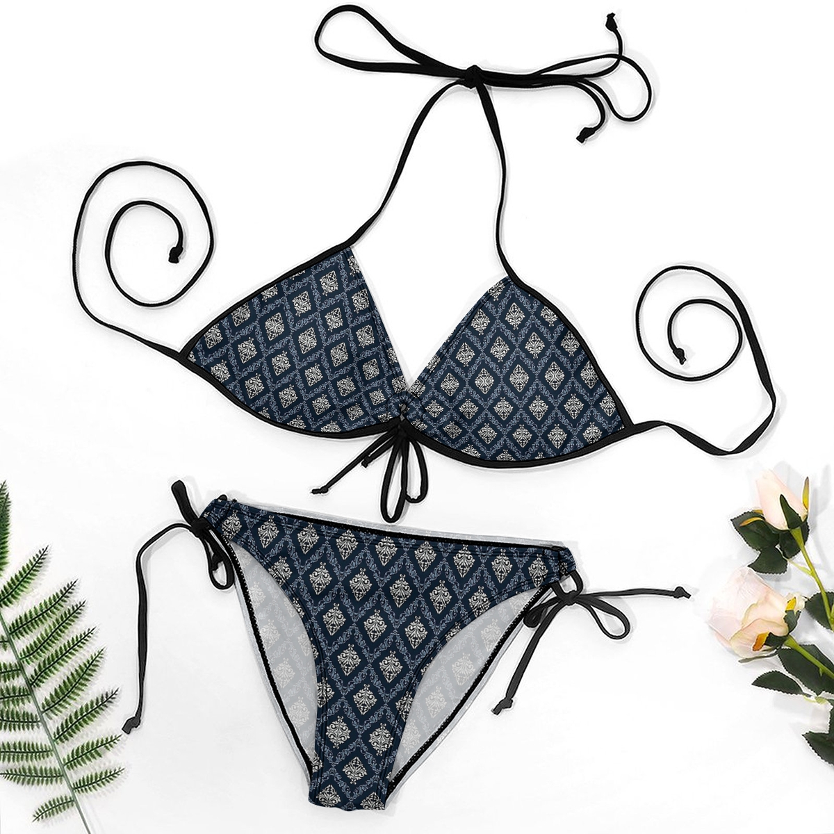 Women's Geometric Bikini Set Navy Blue Diamond Print with Tie Side Bottoms