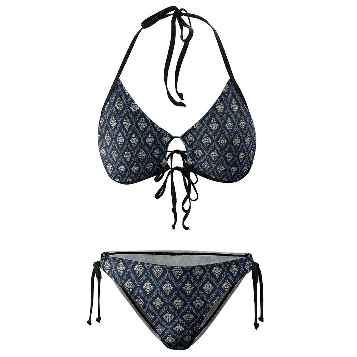 Women's Geometric Bikini Set Navy Blue Diamond Print with Tie Side Bottoms