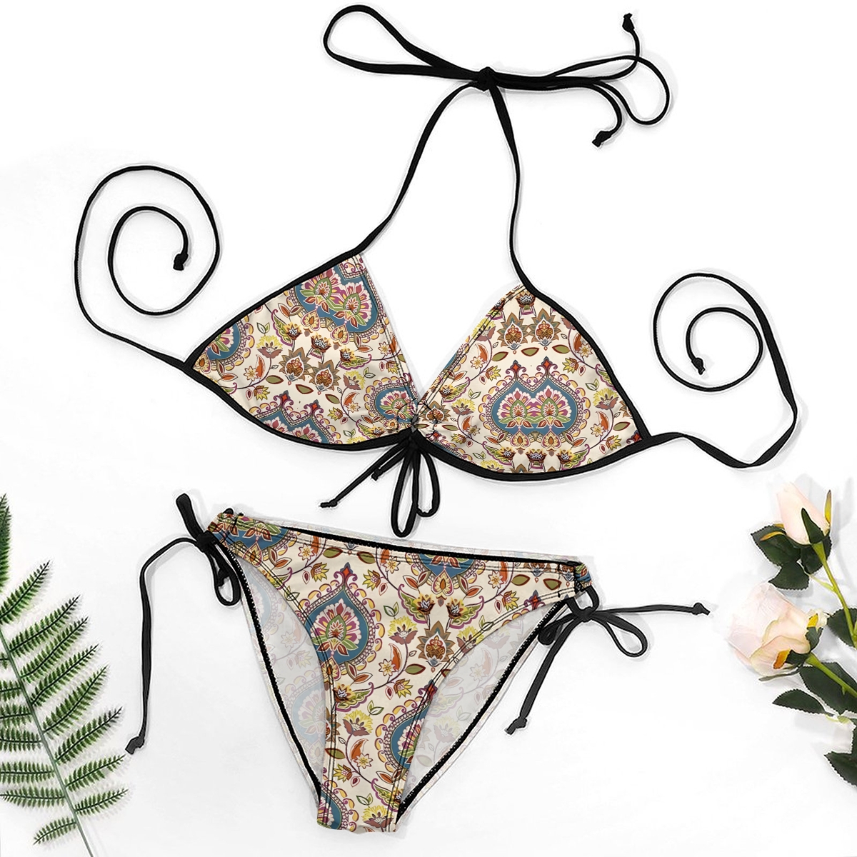 Women's Paisley Floral Bikini Set Colorful Boho Print with Tie Side Bottoms