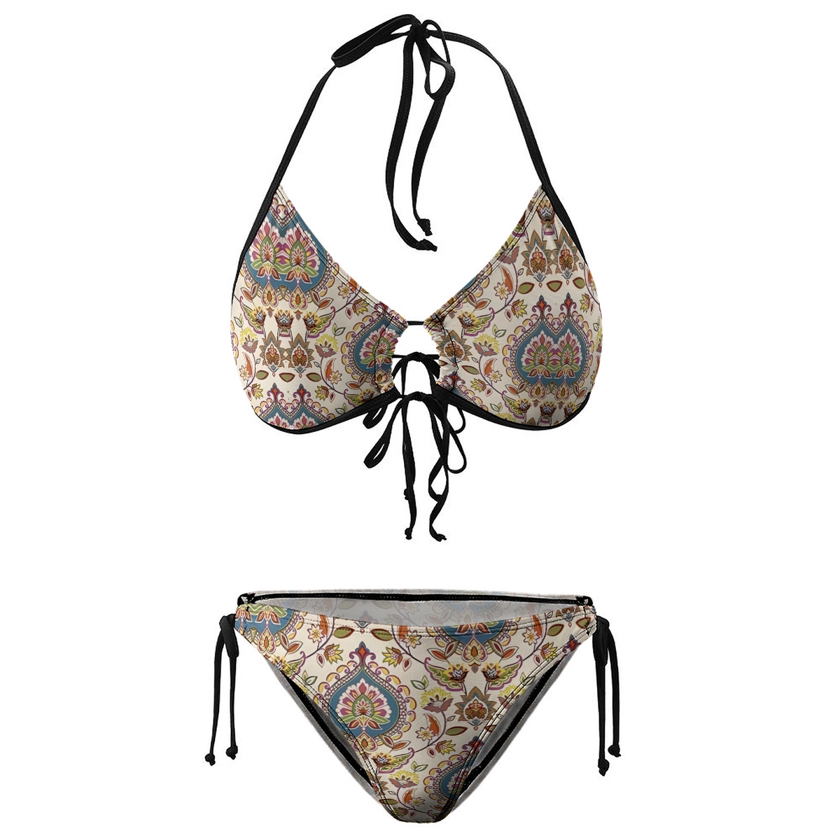 Women's Paisley Floral Bikini Set Colorful Boho Print with Tie Side Bottoms