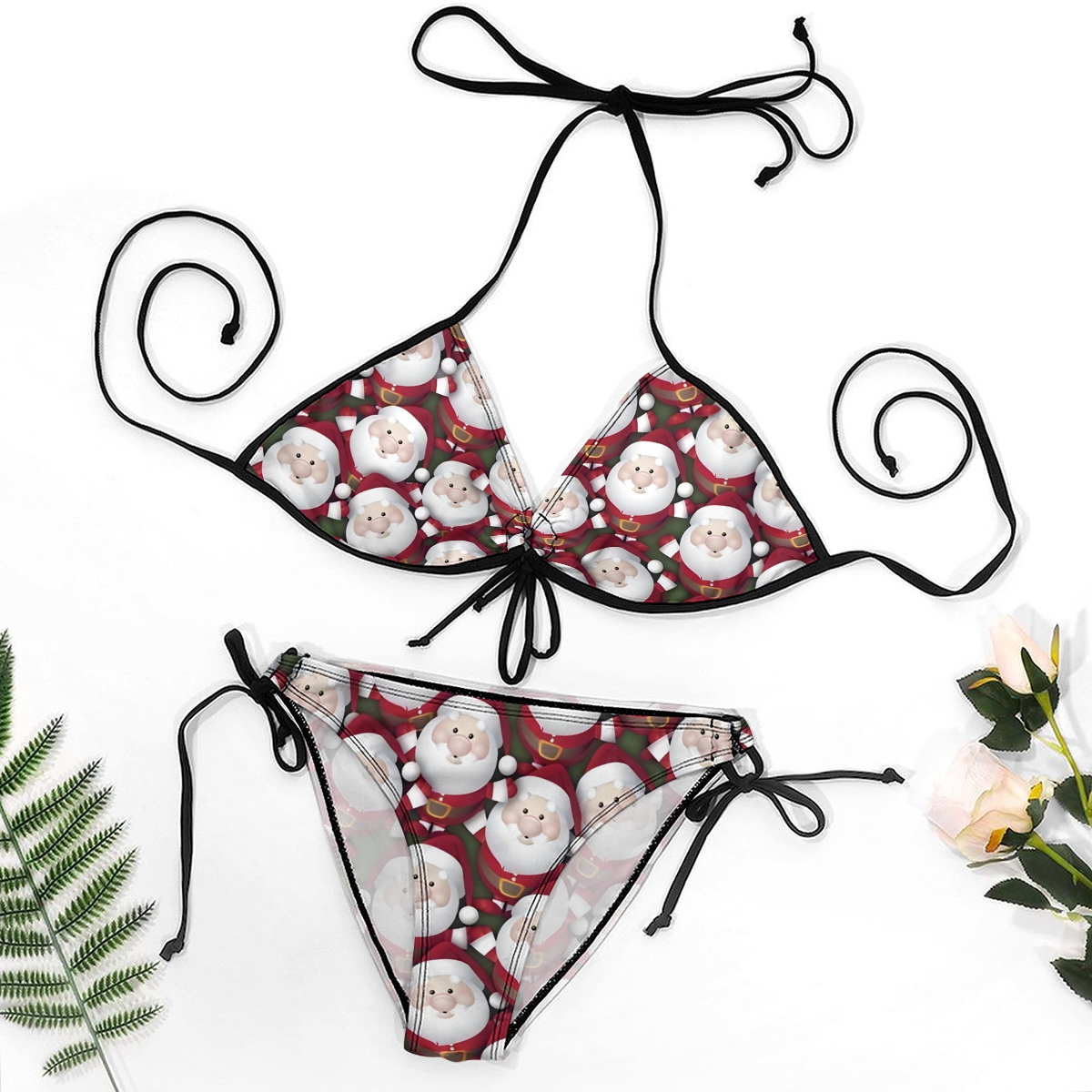 Women's Christmas Bikini Set Santa Print on Red with Tie Side Bottoms