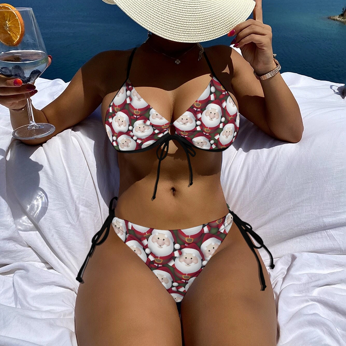 Women's Christmas Bikini Set Santa Print on Red with Tie Side Bottoms