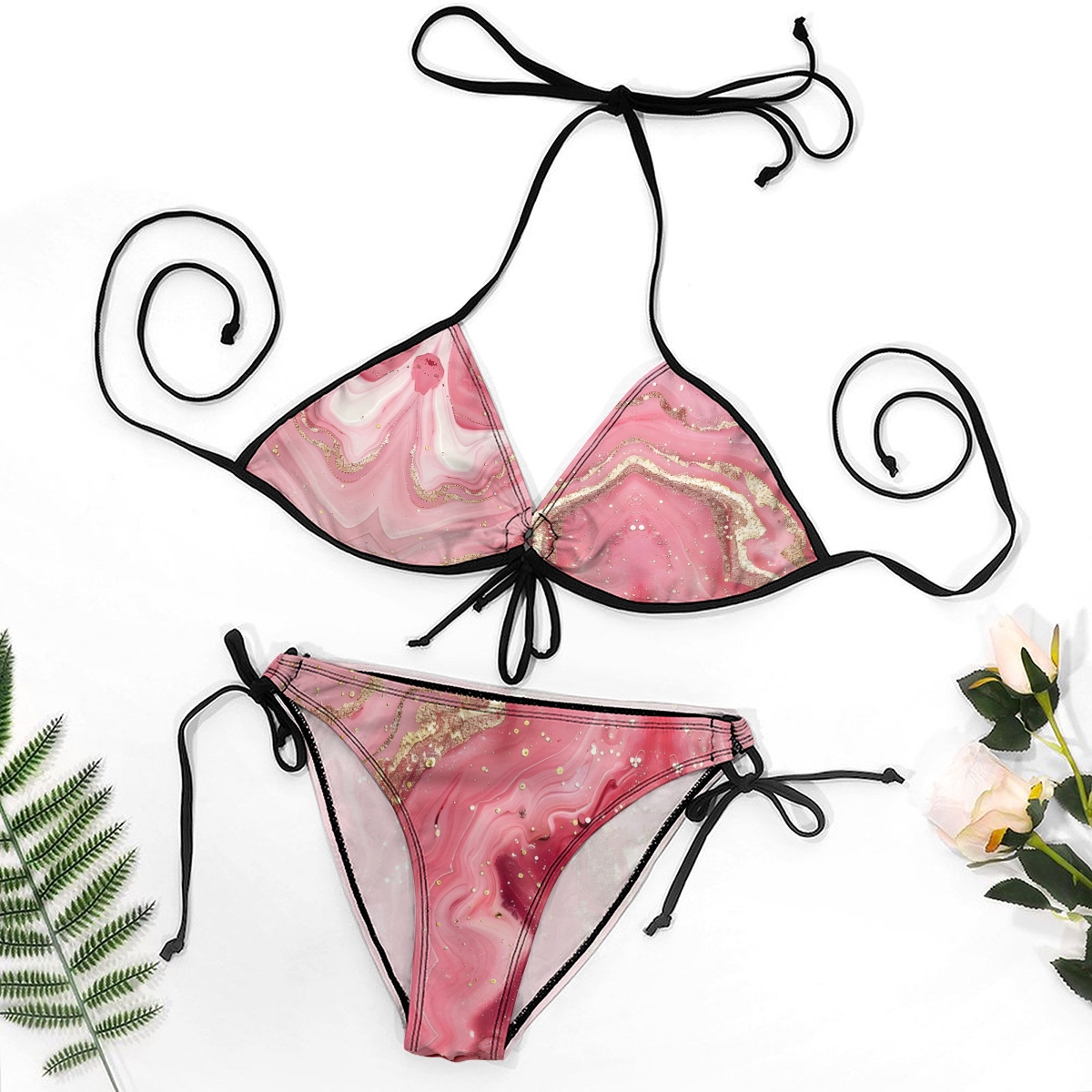 Women's Marble Print Bikini Set Pink and Black Pattern with Tie Side Bottoms