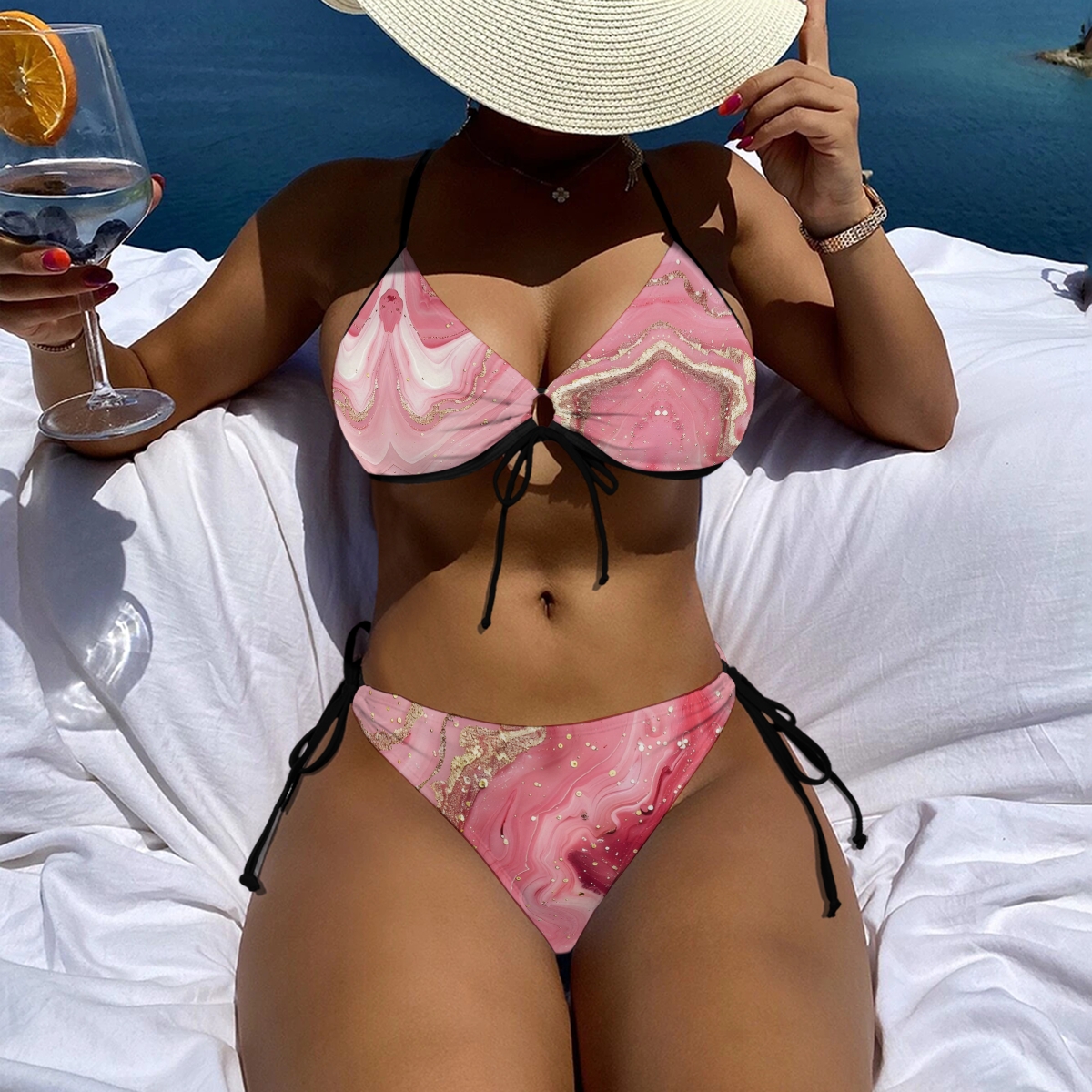 Women's Marble Print Bikini Set Pink and Black Pattern with Tie Side Bottoms