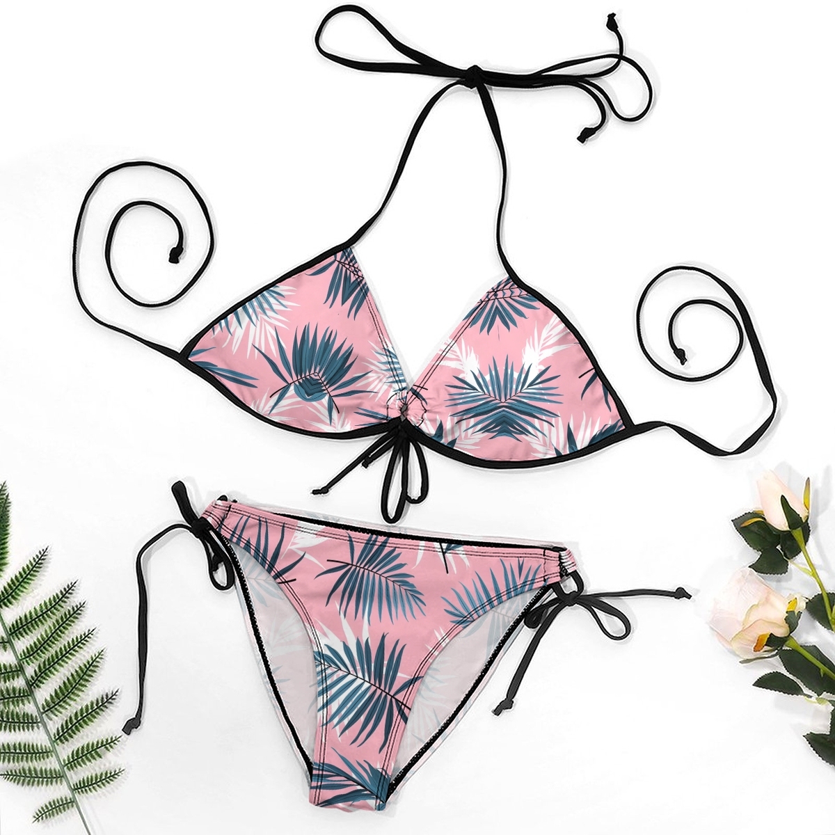 Women's Tropical Leaf Bikini Set Pink and Green Print with Tie Side Bottoms