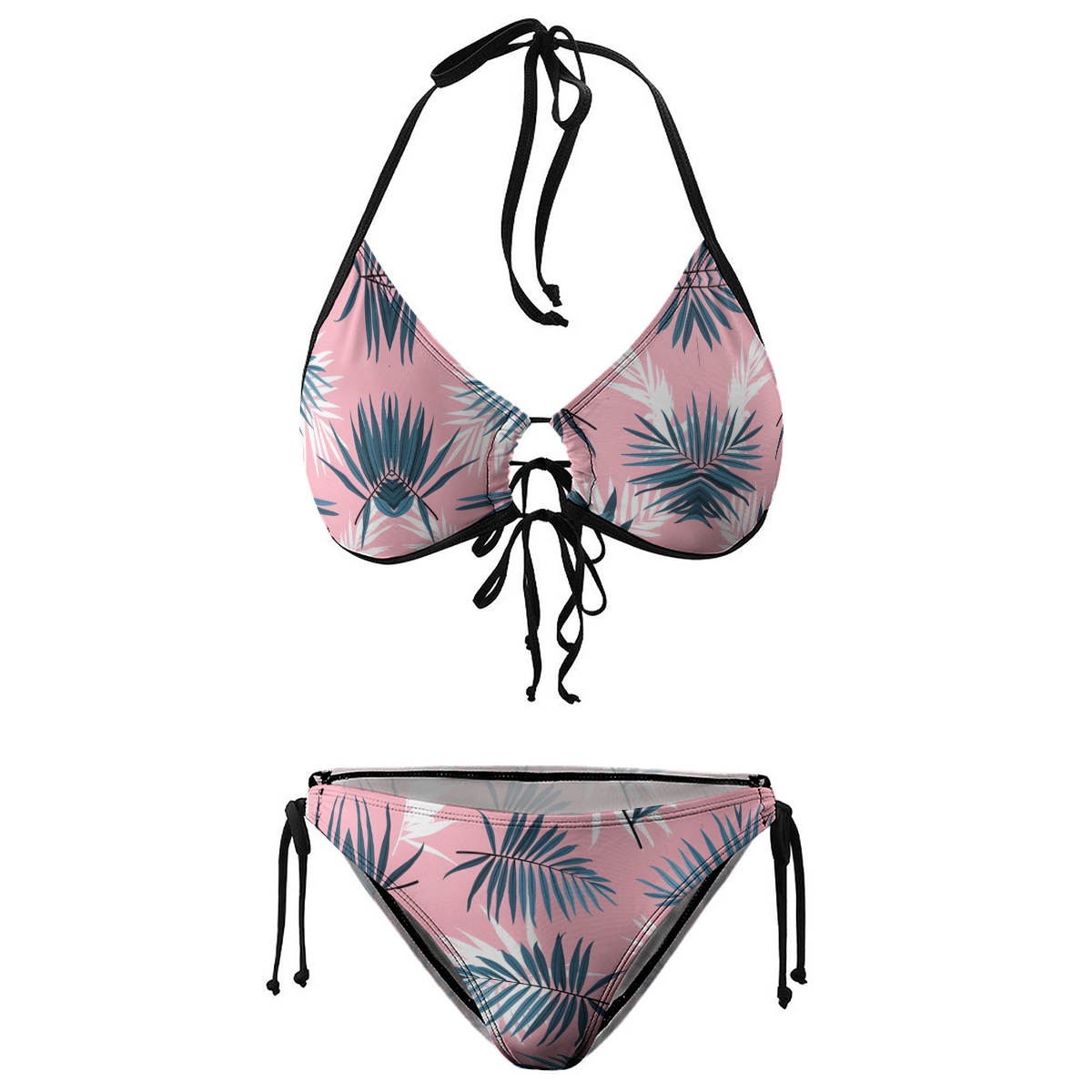 Women's Tropical Leaf Bikini Set Pink and Green Print with Tie Side Bottoms