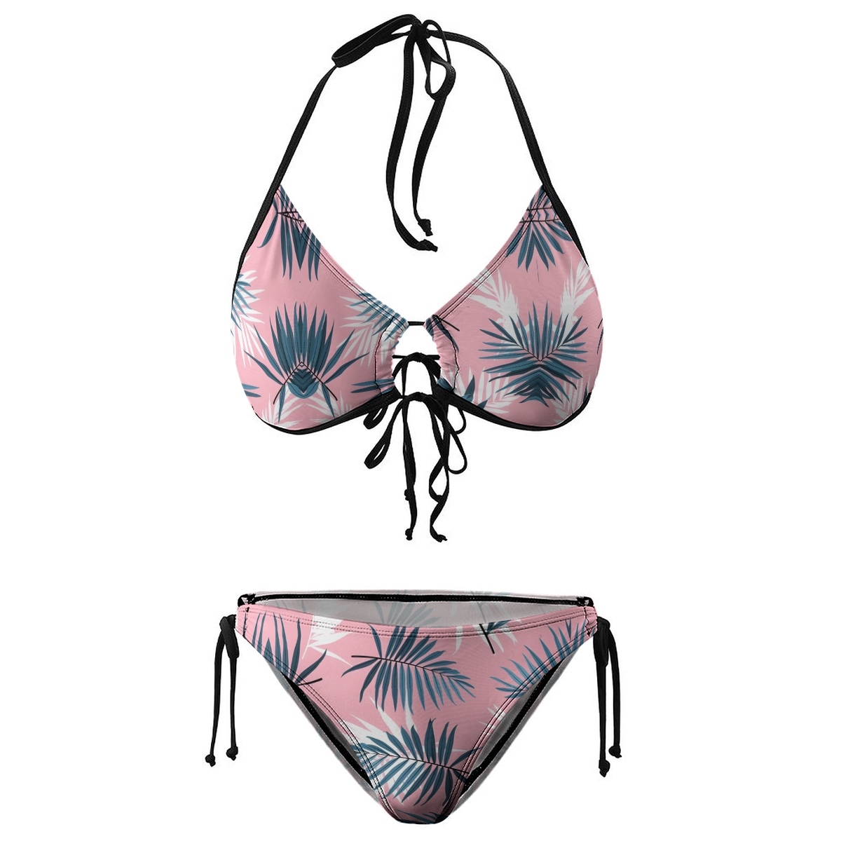 Women's Tropical Leaf Bikini Set Pink and Green Print with Tie Side Bottoms