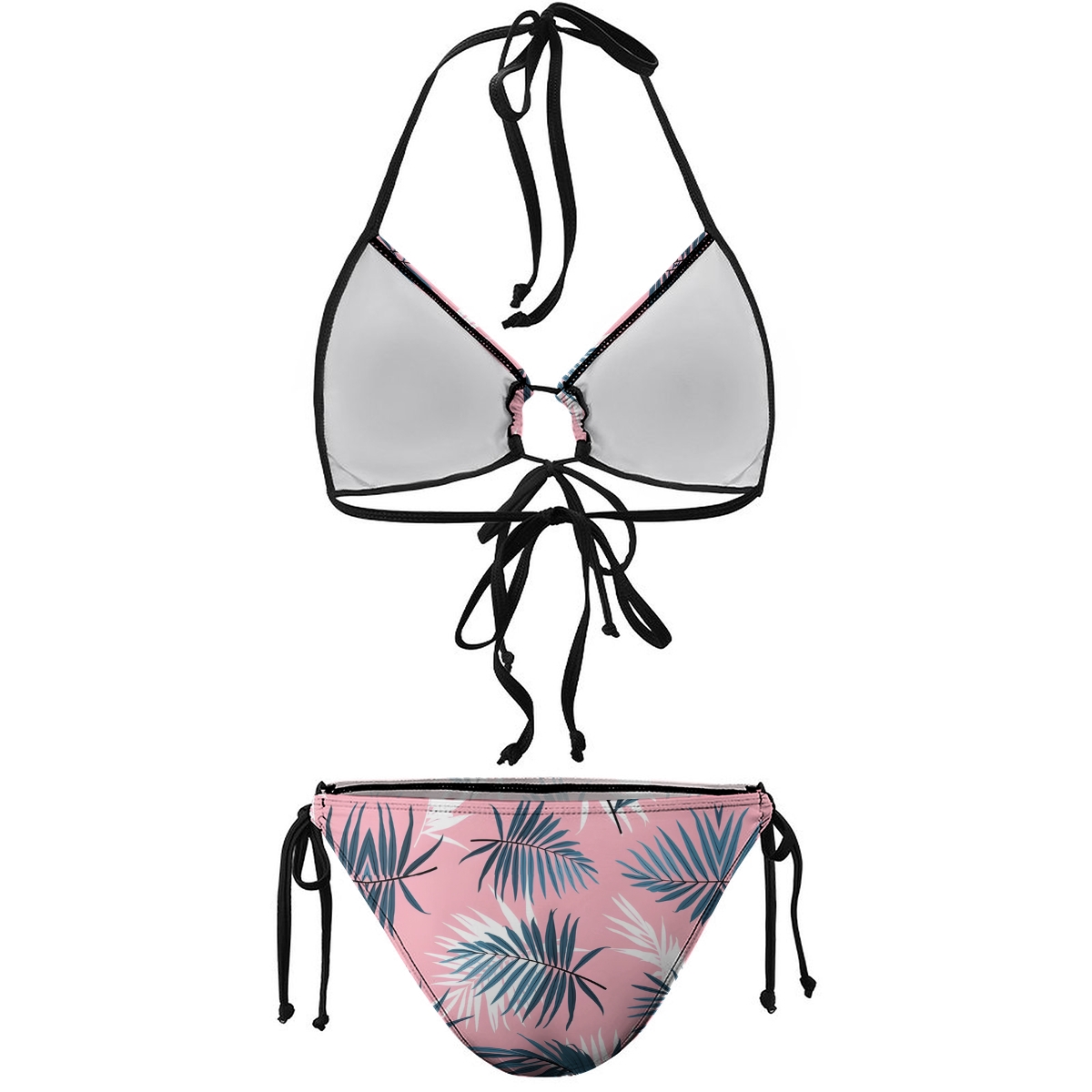 Women's Tropical Leaf Bikini Set Pink and Green Print with Tie Side Bottoms