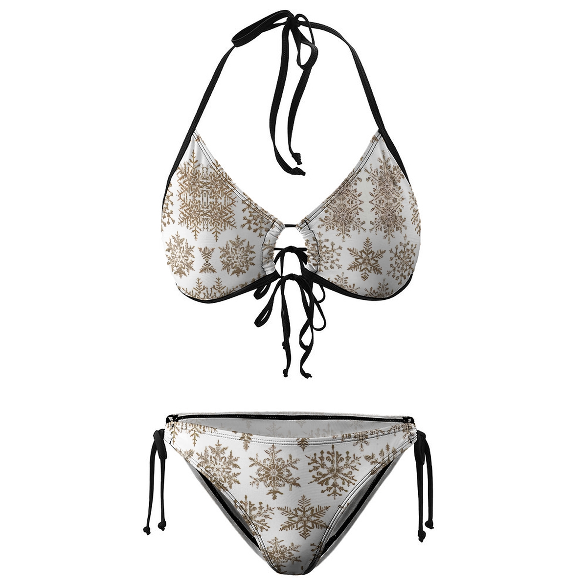 Women's Snowflake Bikini Set White and Brown Print with Tie Side Bottoms