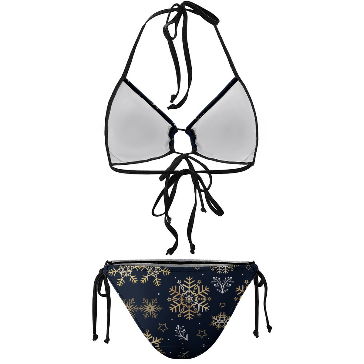 Women's Snowflake Bikini Set Navy and Gold Print with Tie Side Bottoms