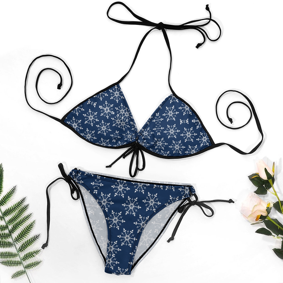 Women's Snowflake Bikini Set Navy and White Print with Tie Side Bottoms