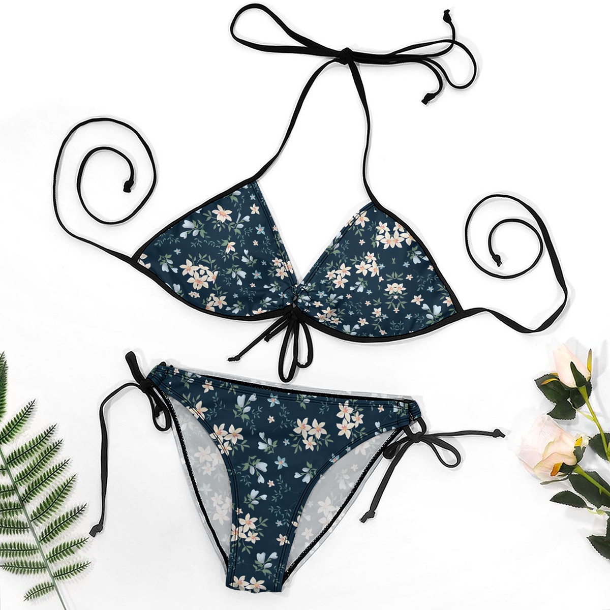 Women's Floral Bikini Set Navy and White Print with Tie Side Bottoms