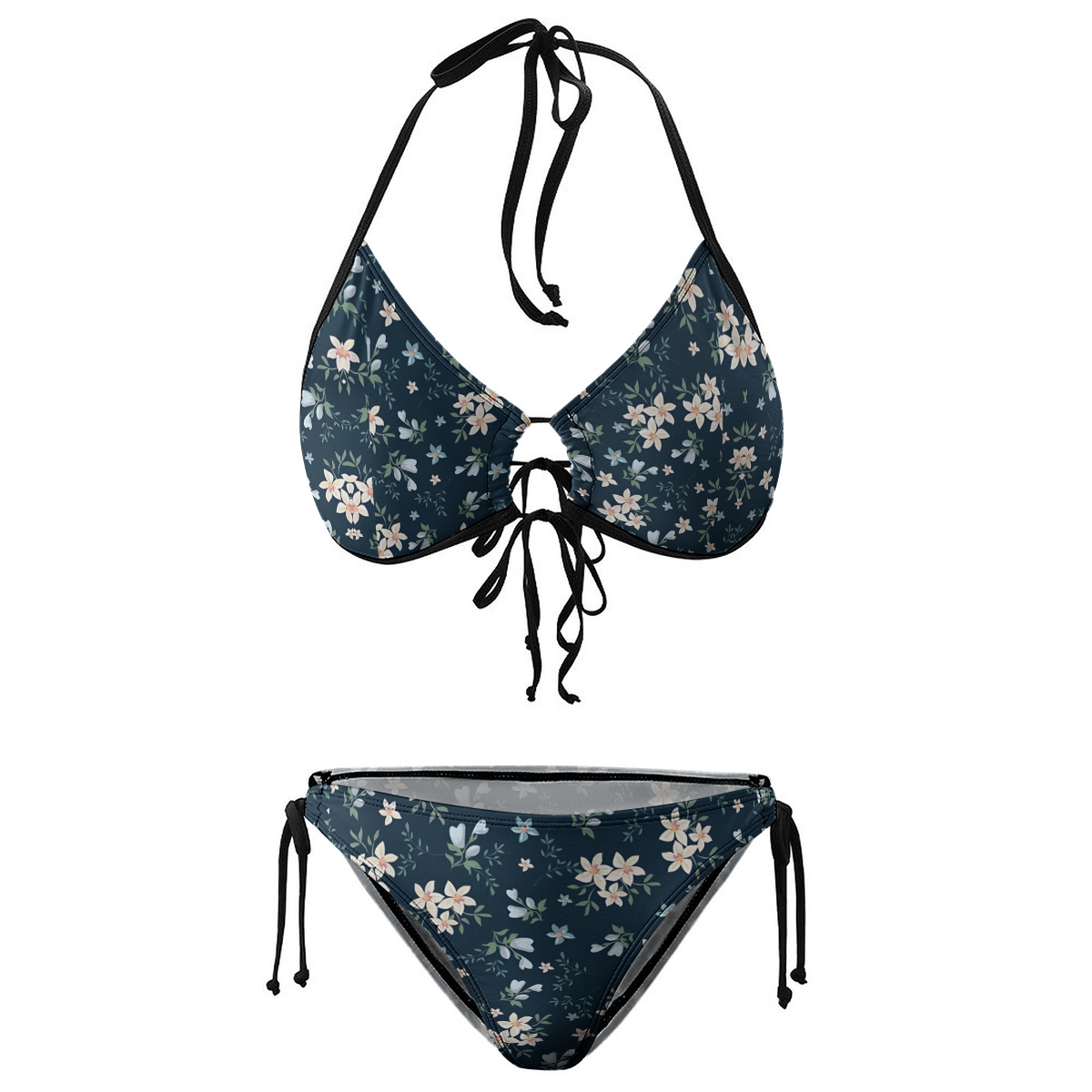 Women's Floral Bikini Set Navy and White Print with Tie Side Bottoms