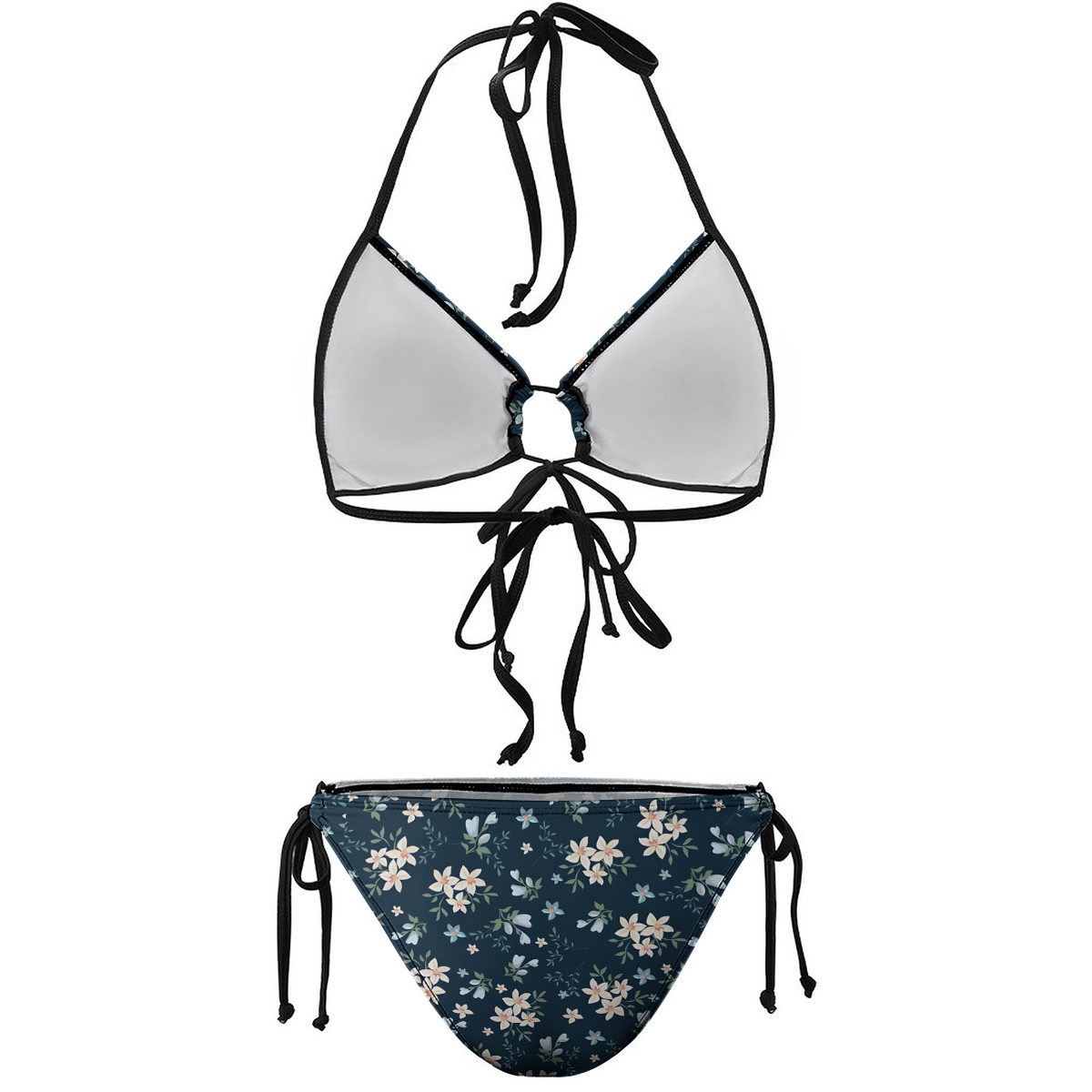 Women's Floral Bikini Set Navy and White Print with Tie Side Bottoms