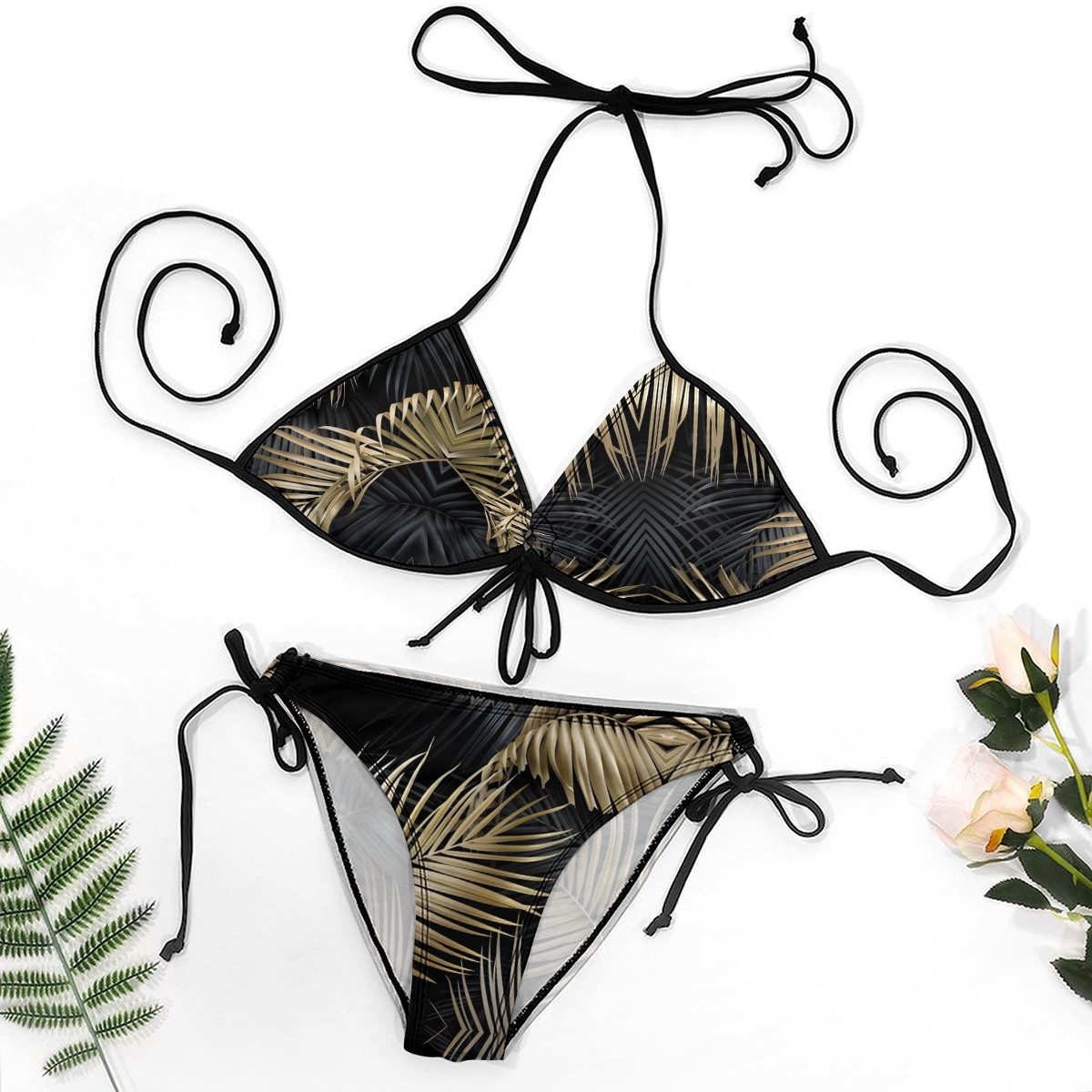 Women's Beach Bikini Geometric Stripe Print with Black Trim and Adjustable Ties