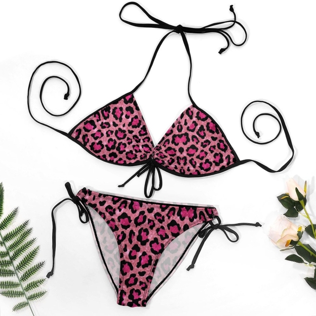 Women's Leopard Print Bikini Set Pink and Black Pattern with Tie Side Bottoms