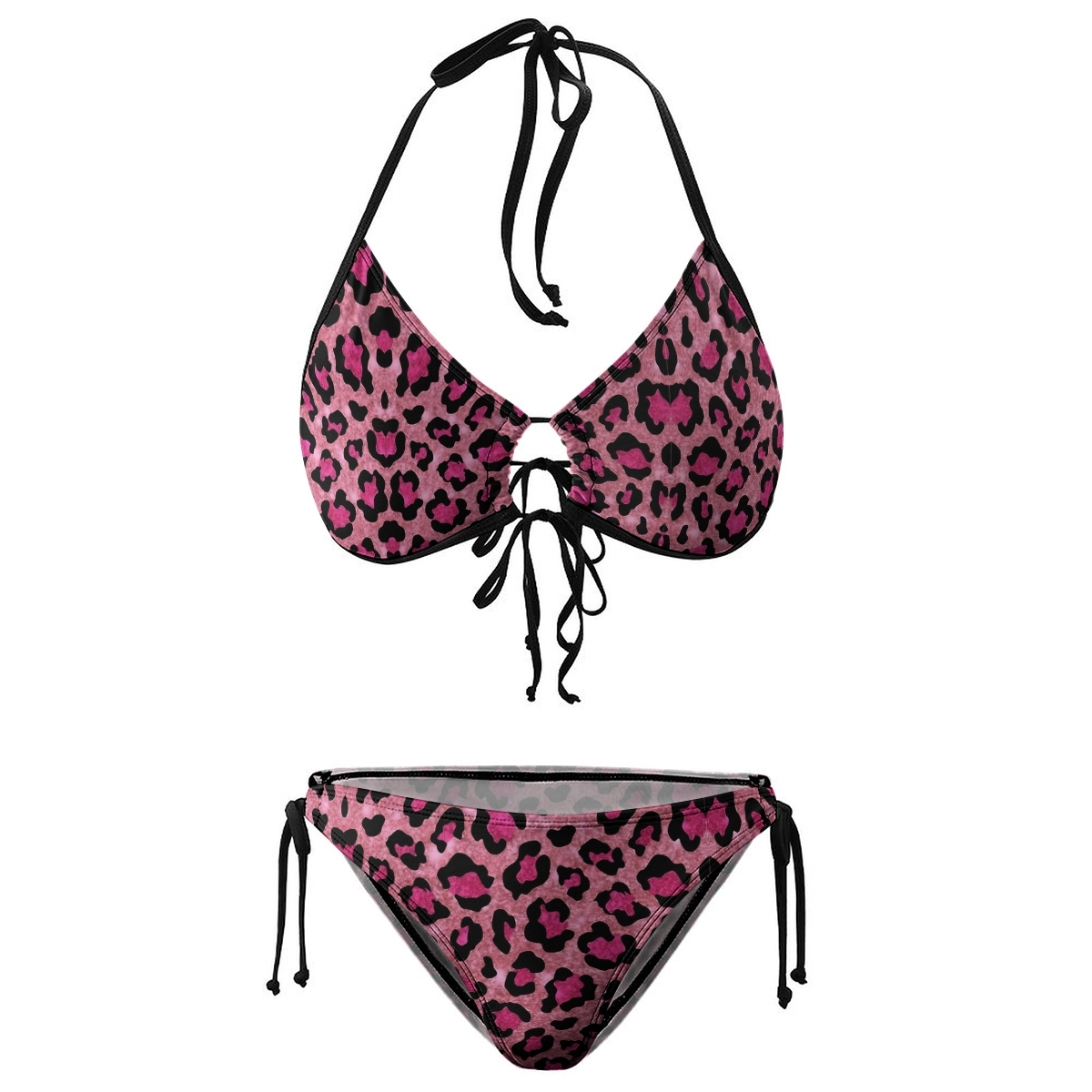 Women's Leopard Print Bikini Set Pink and Black Pattern with Tie Side Bottoms