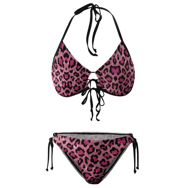 Women's Leopard Print Bikini Set Pink and Black Pattern with Tie Side Bottoms