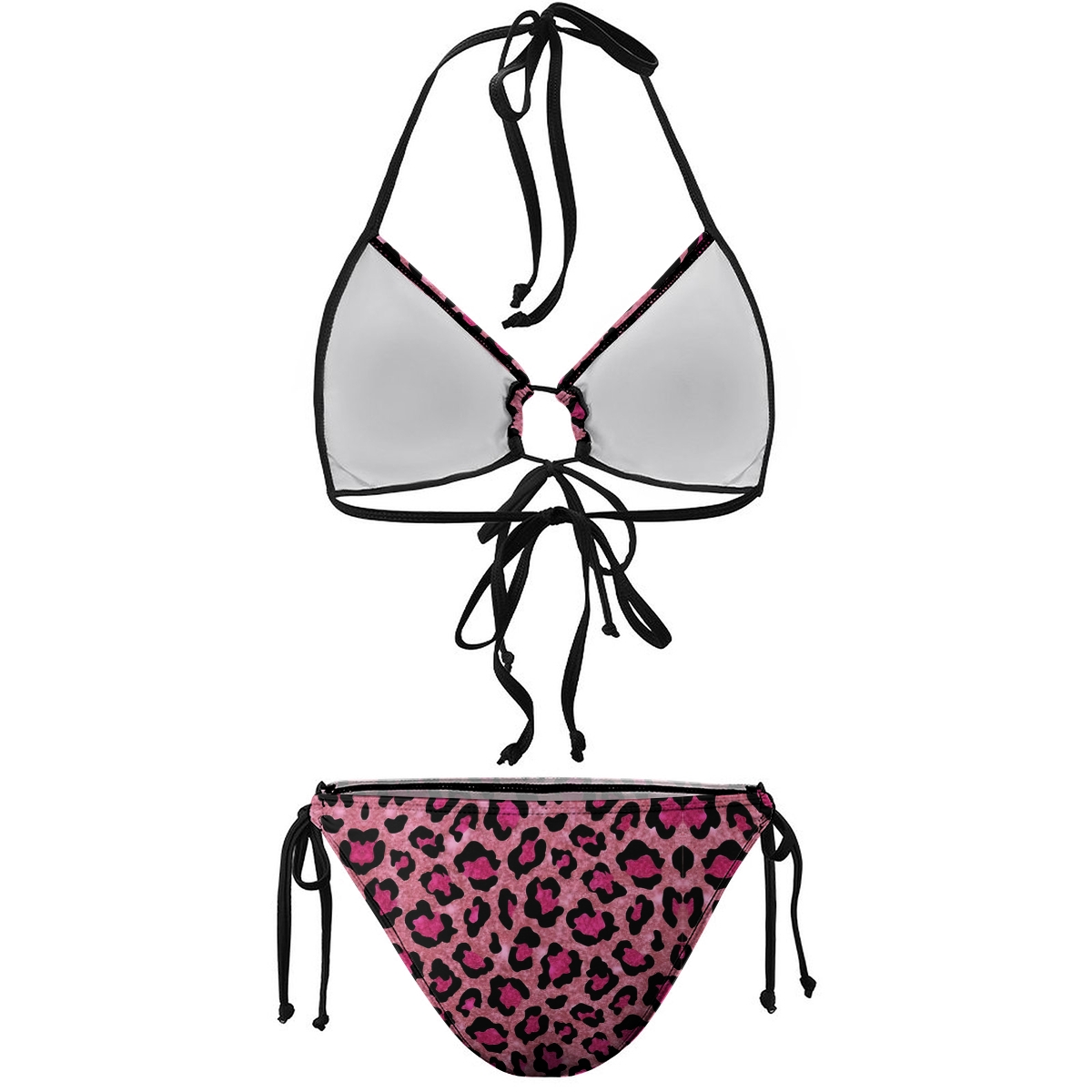 Women's Leopard Print Bikini Set Pink and Black Pattern with Tie Side Bottoms