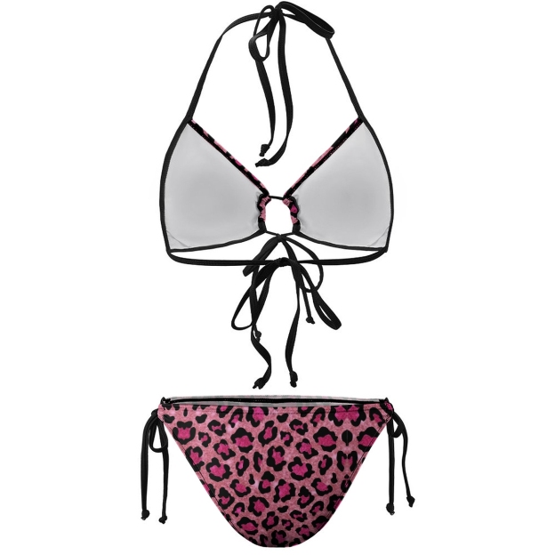 Women's Leopard Print Bikini Set Pink and Black Pattern with Tie Side Bottoms