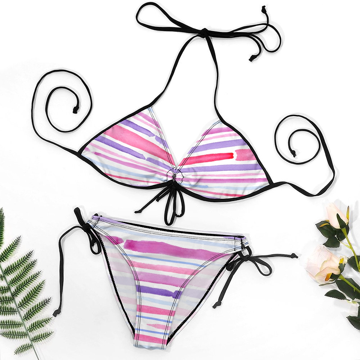 Women's Striped Bikini Set Purple Pink and White Bands with Tie Side Bottoms
