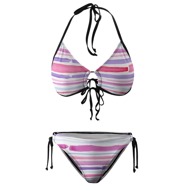 Women's Striped Bikini Set Purple Pink and White Bands with Tie Side Bottoms