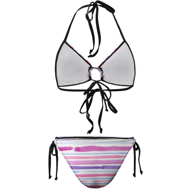Women's Striped Bikini Set Purple Pink and White Bands with Tie Side Bottoms