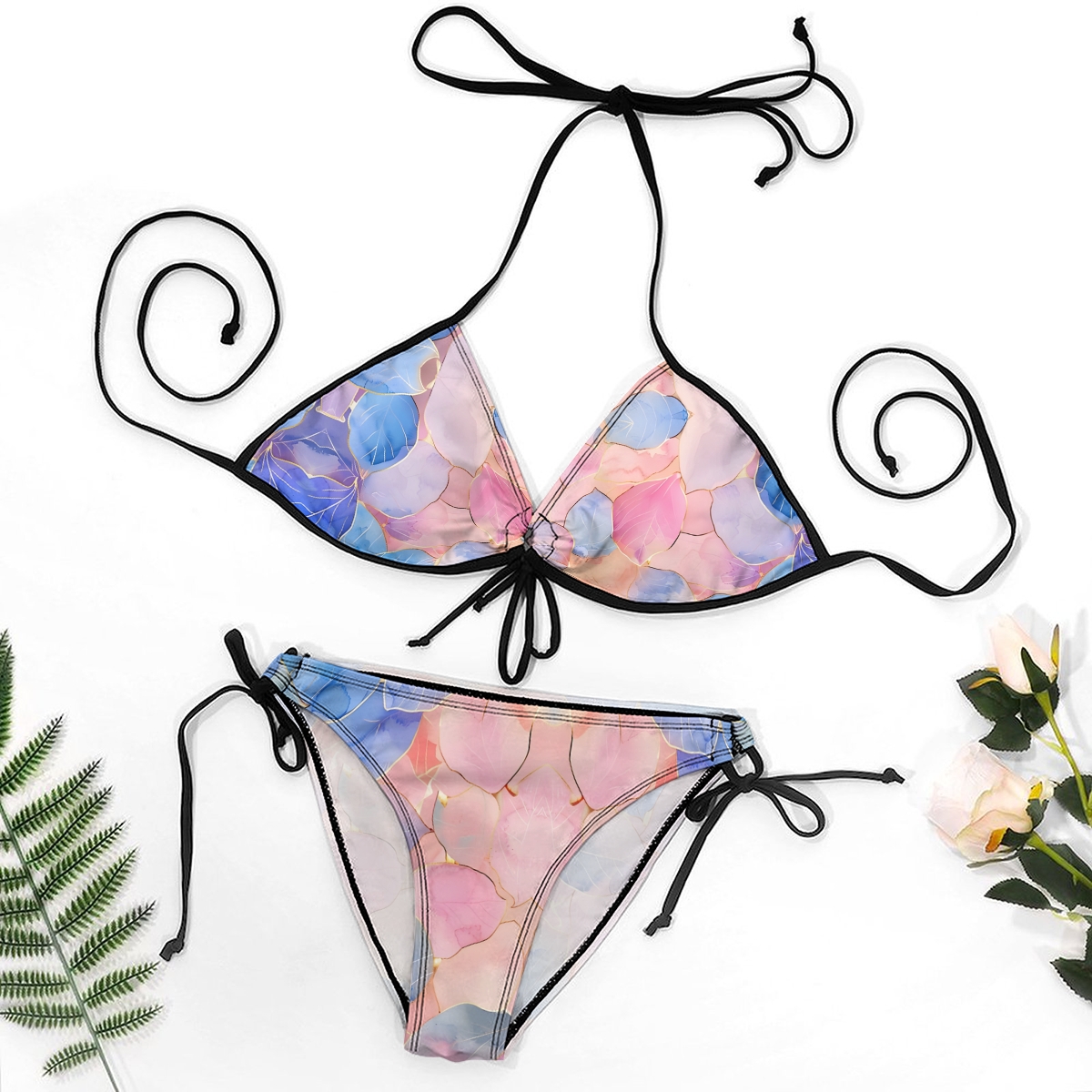 Women's Pastel Floral Bikini Set Pink Blue and Purple Bloom Print with Tie Side Bottoms