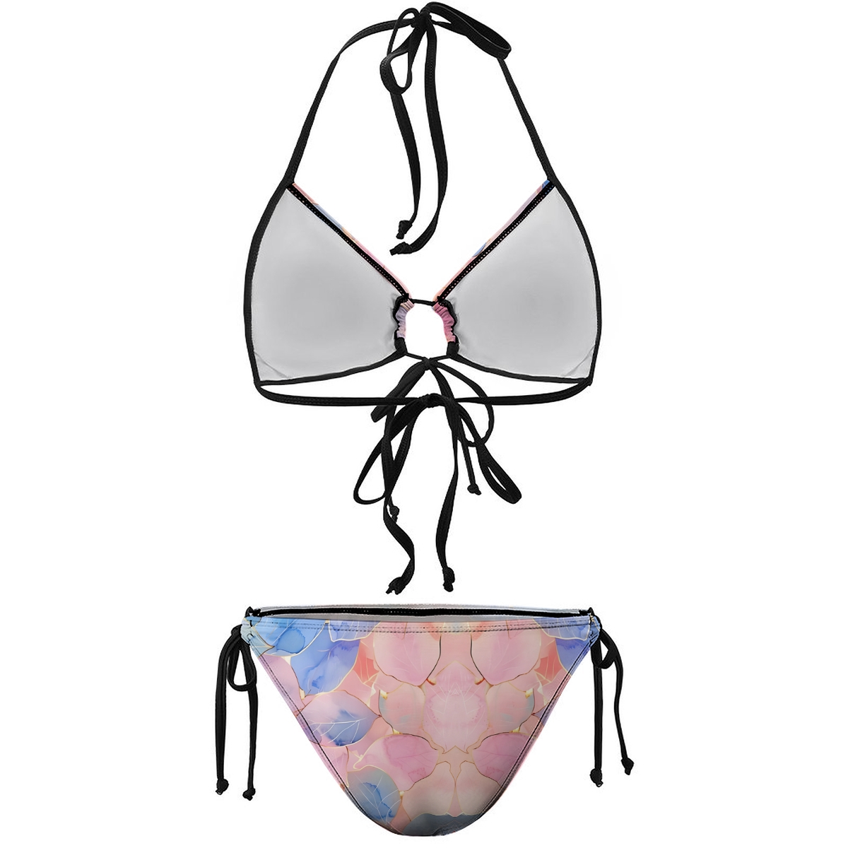 Women's Pastel Floral Bikini Set Pink Blue and Purple Bloom Print with Tie Side Bottoms