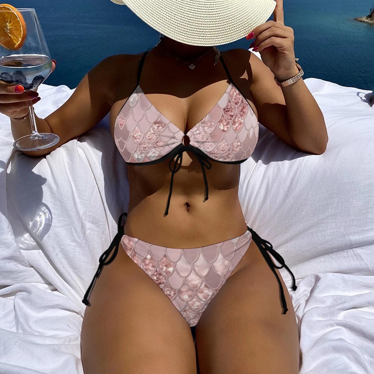 Two Piece Bikini Set for Women Ocean Fantasy Theme with Tie Front and Side Tie Bottoms