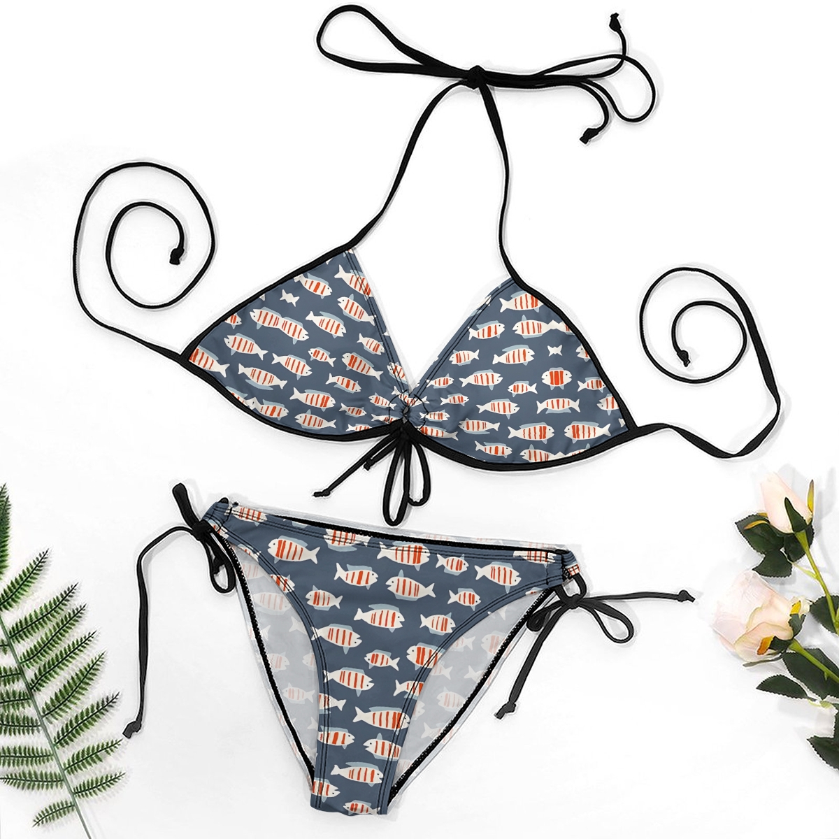 Ocean Inspired Bikini for Women Playful Fish Motif with Halter Neck and Tie Front