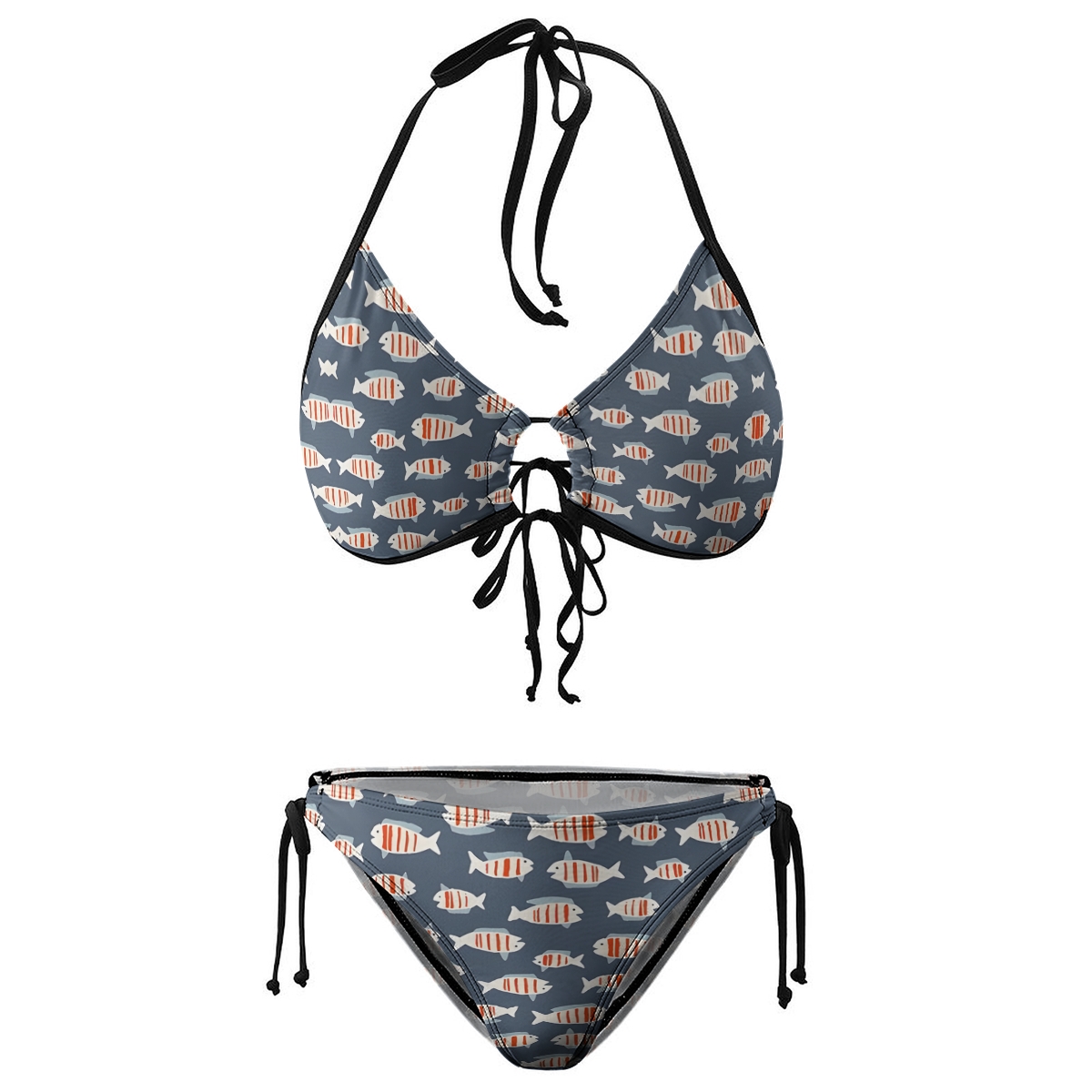 Ocean Inspired Bikini for Women Playful Fish Motif with Halter Neck and Tie Front