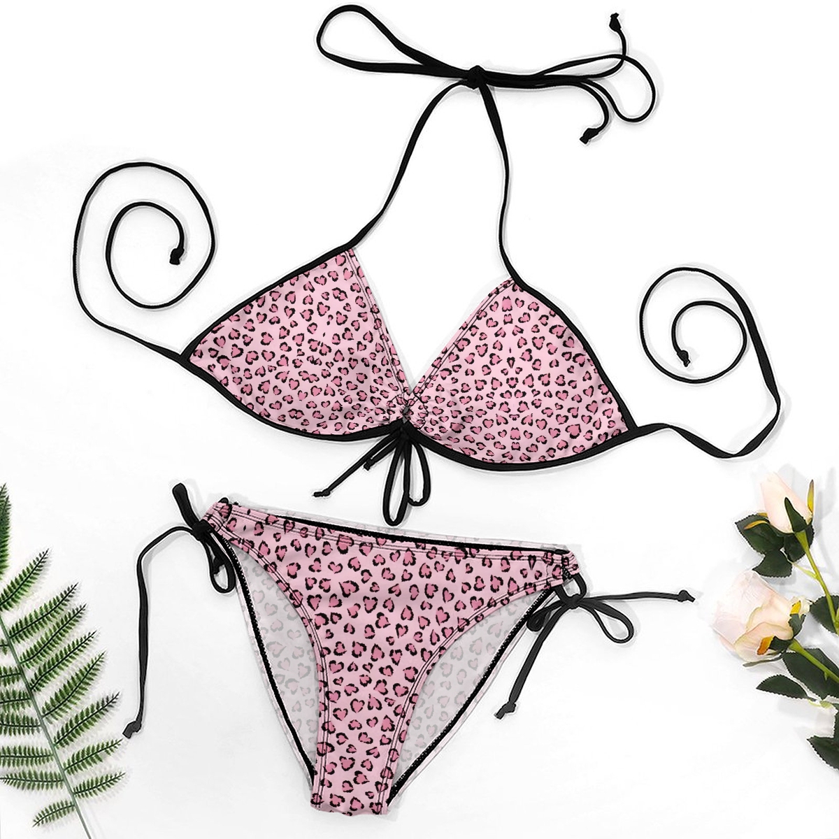 Women's Pink Leopard Bikini Set Bold Animal Print with Tie Side Bottoms