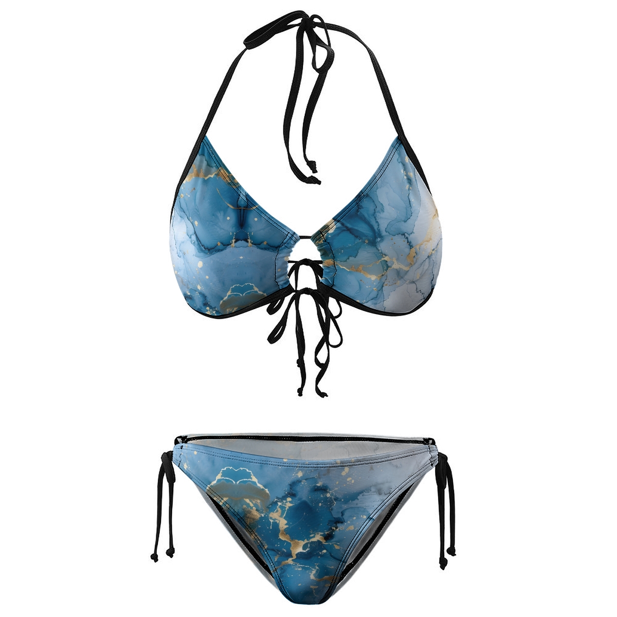 Ocean Inspired Bikini for Women Abstract Water Motif with Halter Neck and Ring Detail