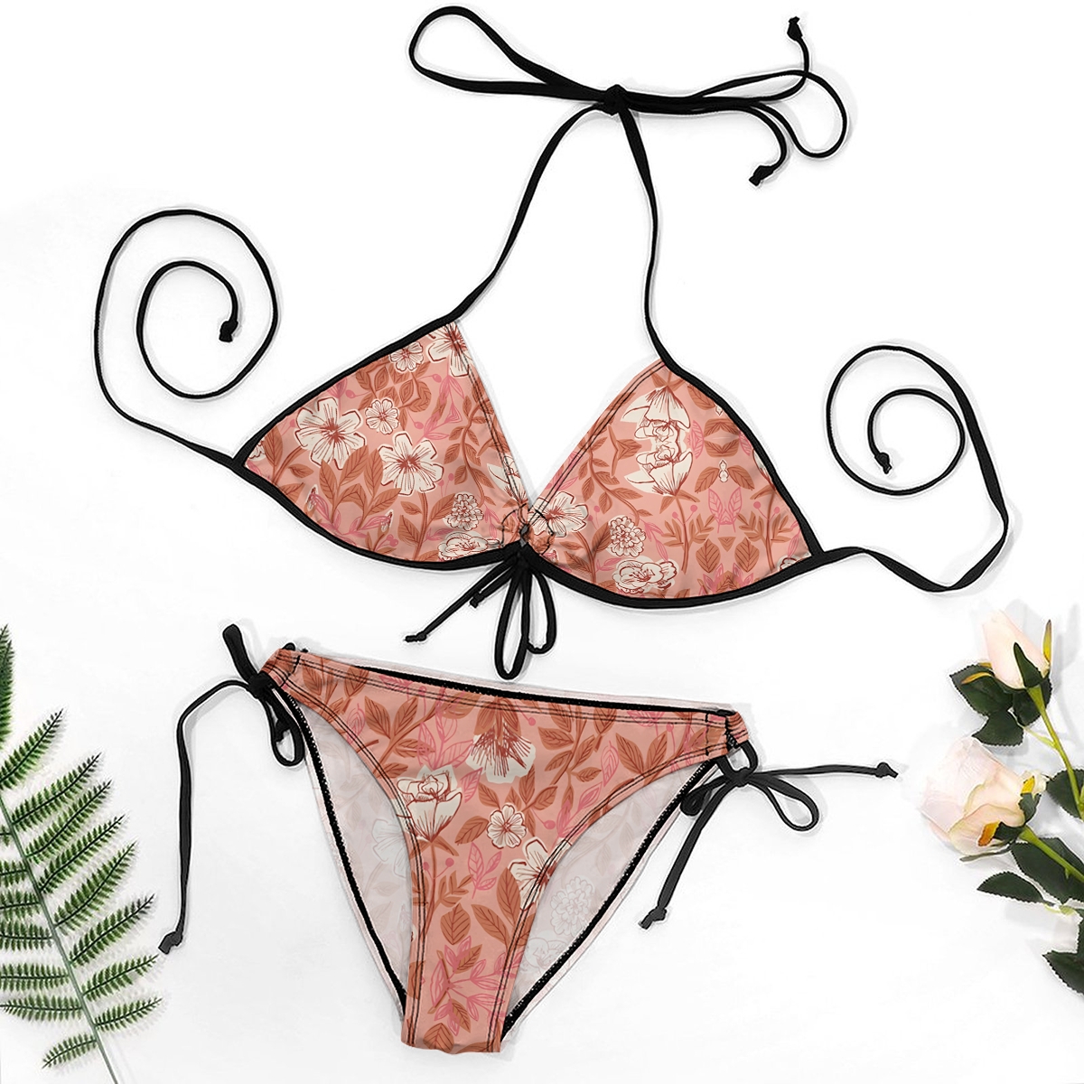 Women's Floral Bikini Set Pink Base with White and Brown Bloom Print and Tie Side Bottoms