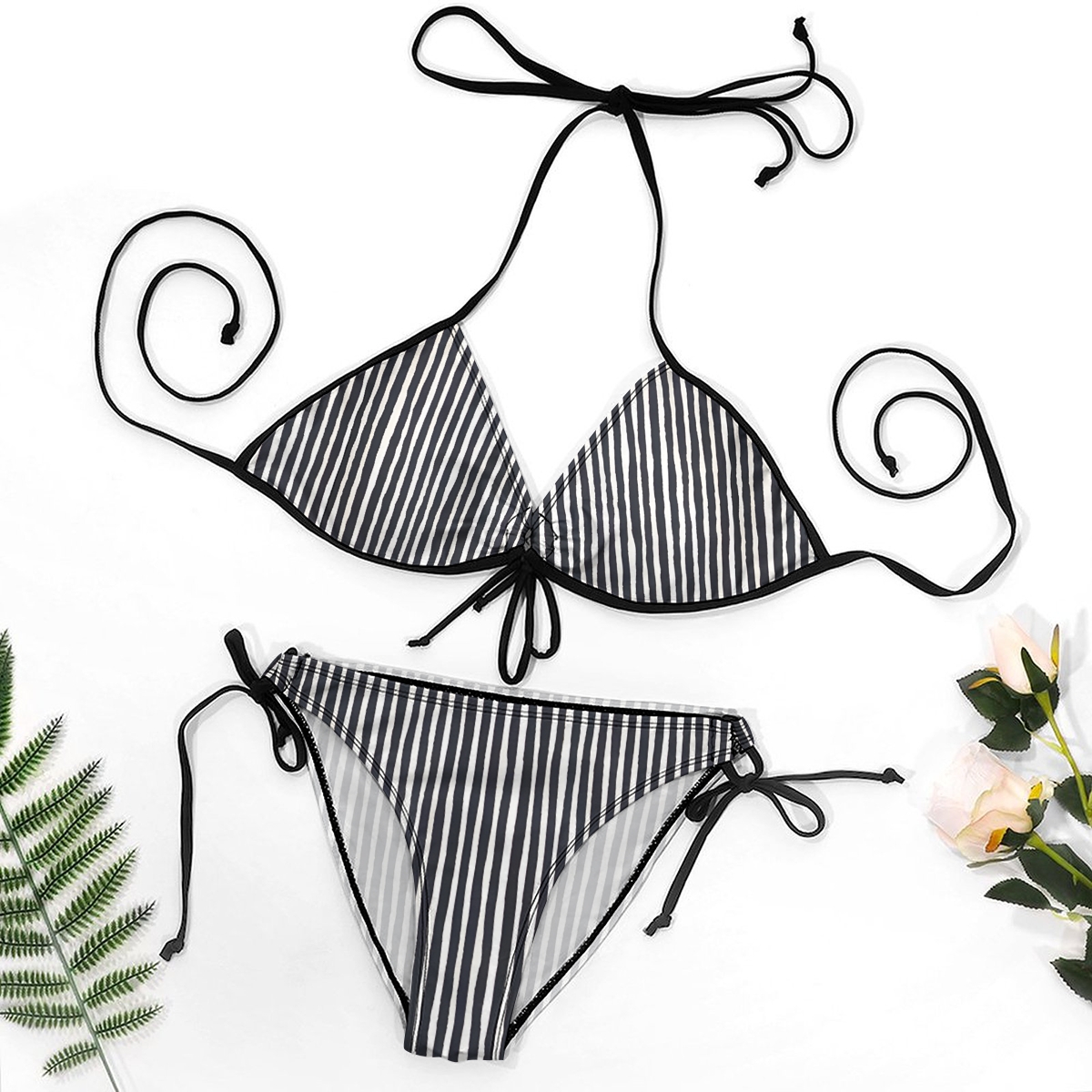 Women's Striped Bikini Set Black and White Vertical Lines with Tie Side Bottoms
