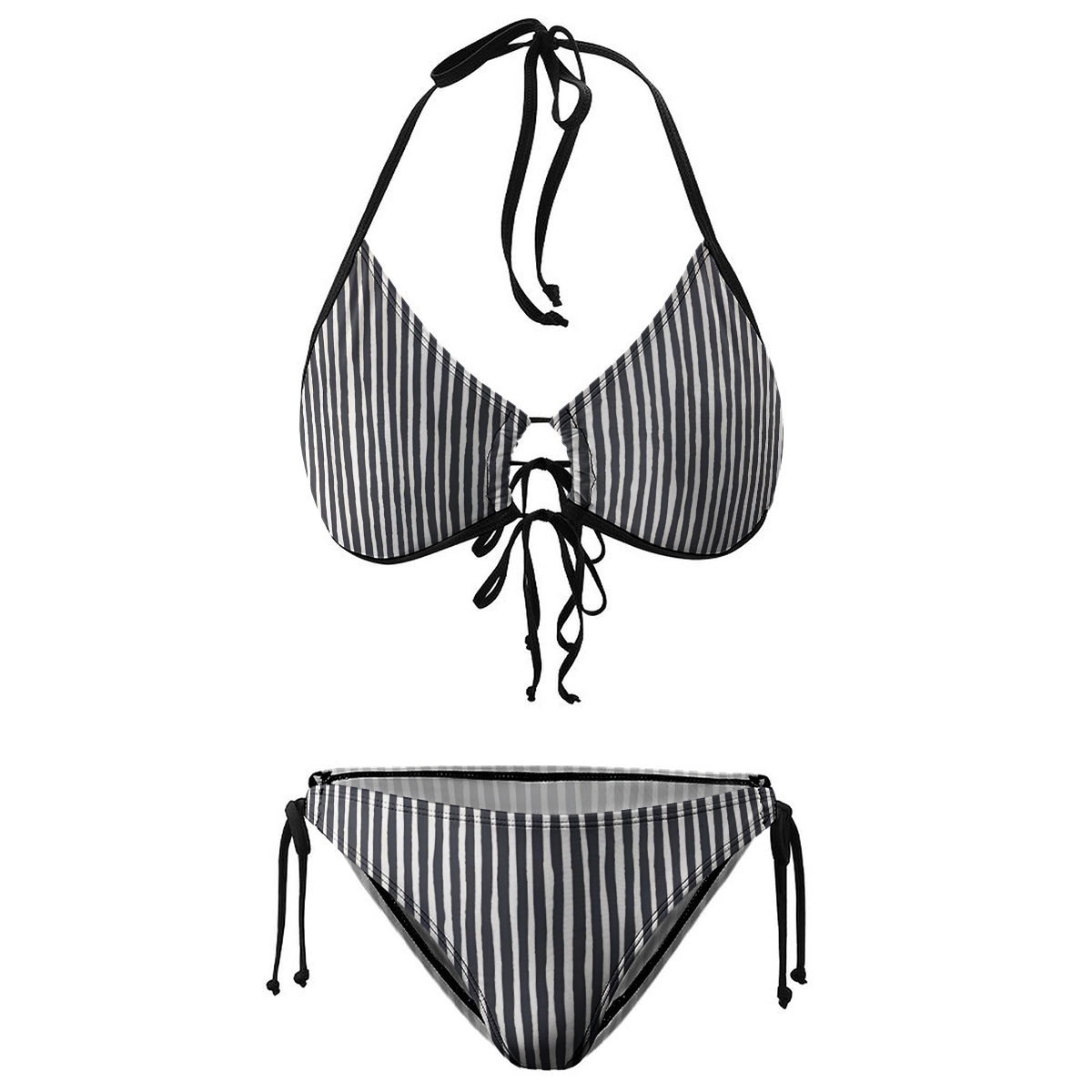 Women's Striped Bikini Set Black and White Vertical Lines with Tie Side Bottoms