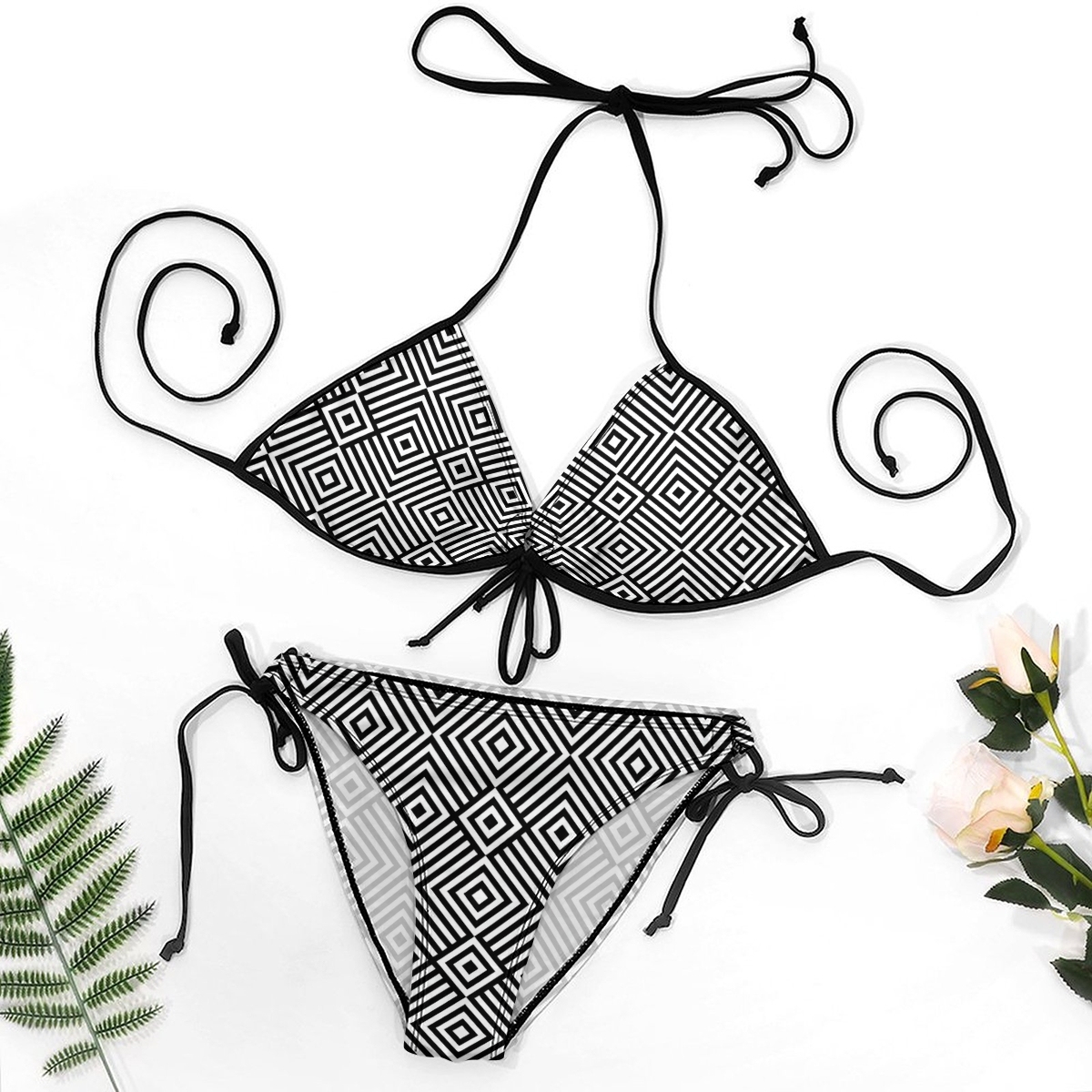 Women's Geometric Bikini Set Black and White Diamond Print with Tie Side Bottoms