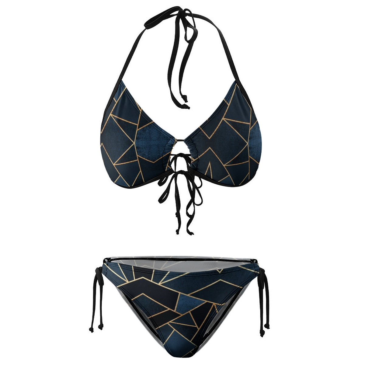 Women's Geometric Bikini Set Black and Gold Line Print with Tie Side Bottoms