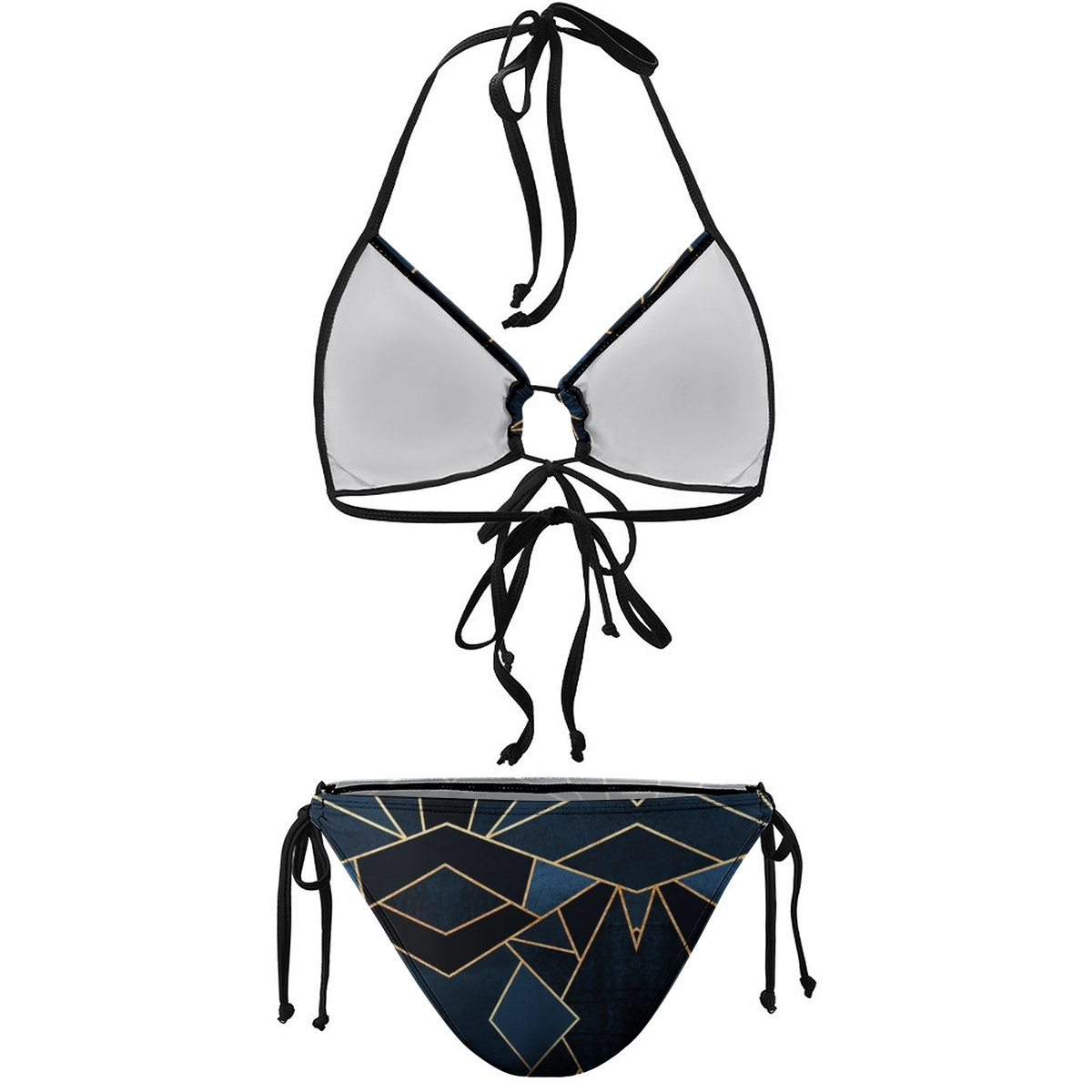 Women's Geometric Bikini Set Black and Gold Line Print with Tie Side Bottoms