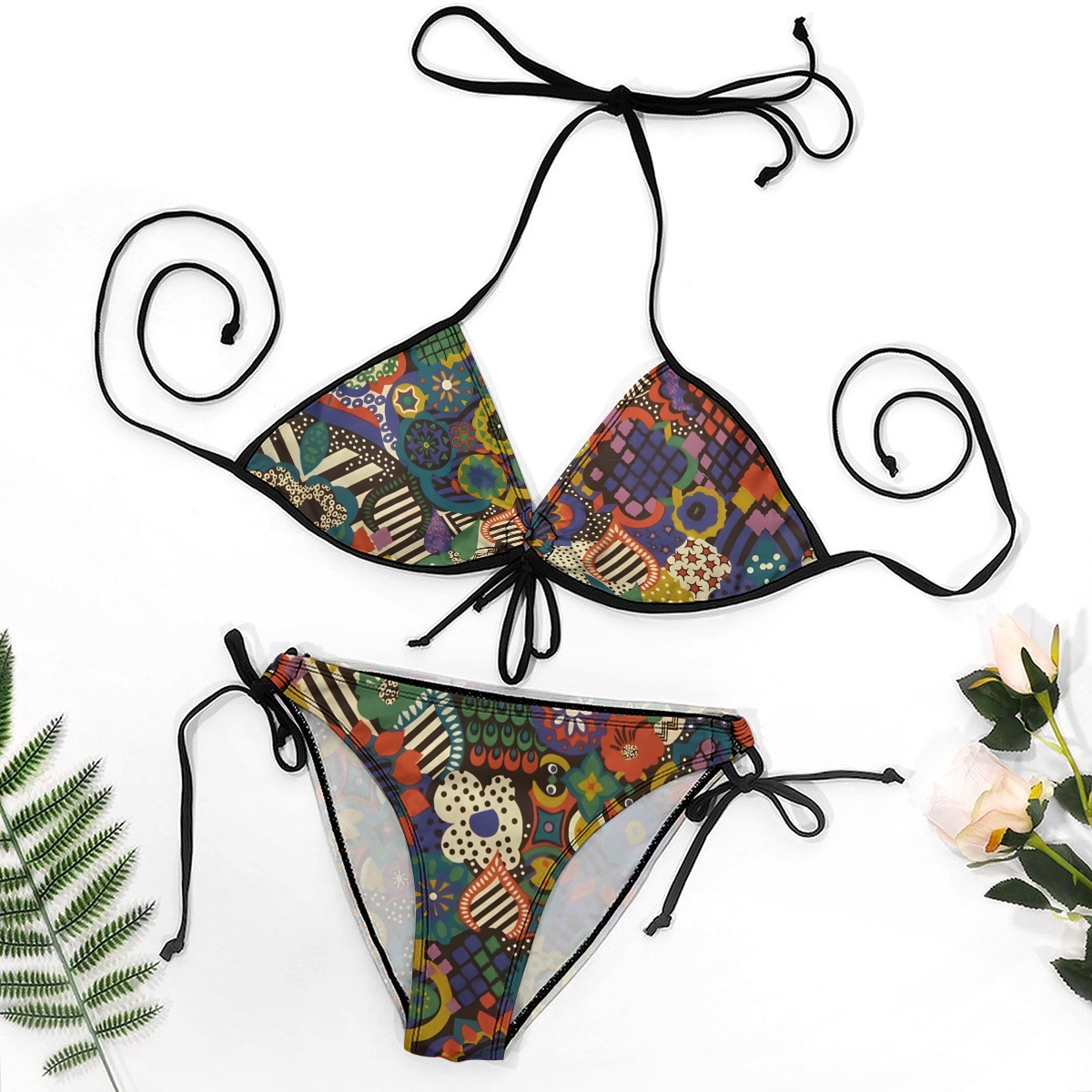Women's Colorful Bikini Set Abstract Floral and Geometric Print with Tie Side Bottoms