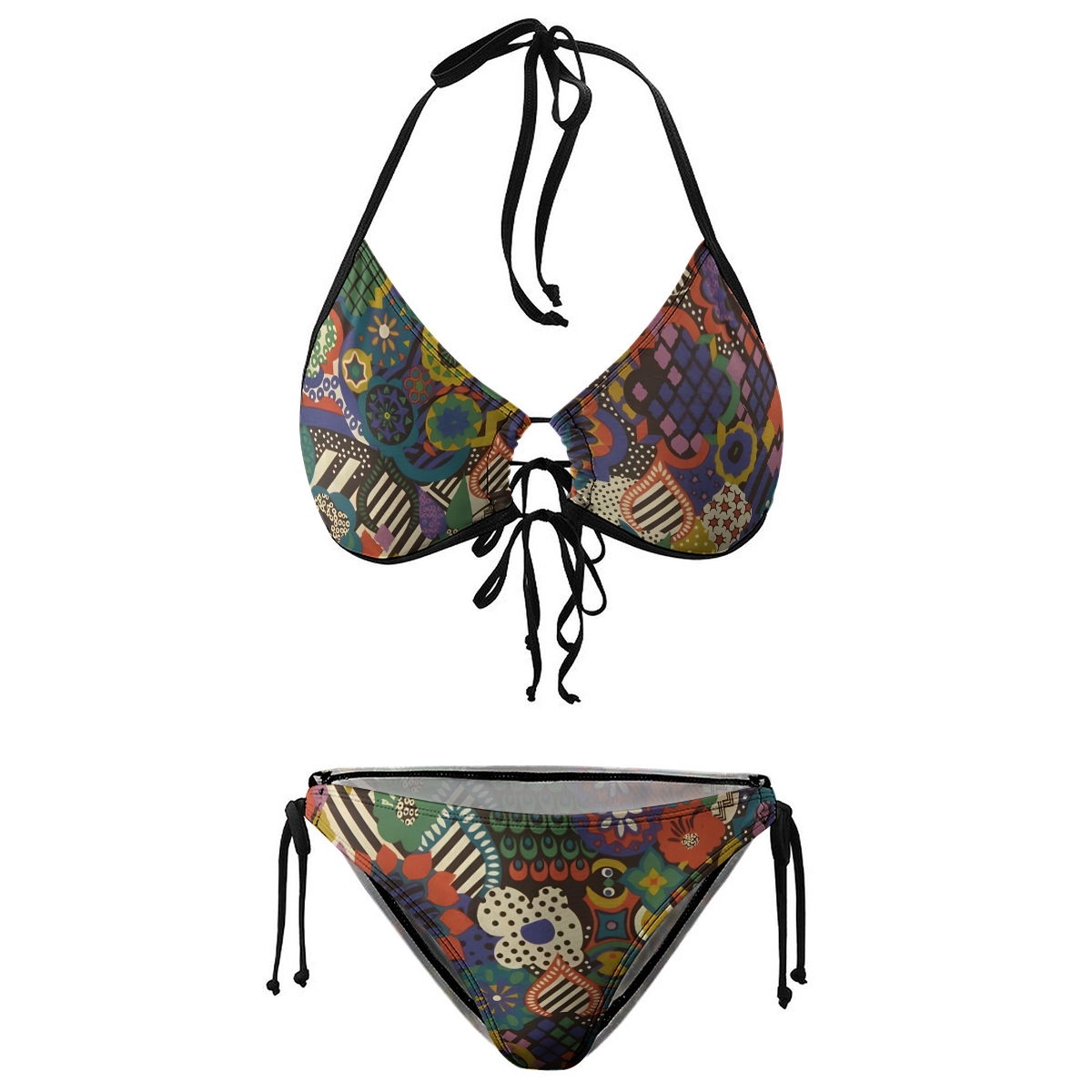 Women's Colorful Bikini Set Abstract Floral and Geometric Print with Tie Side Bottoms