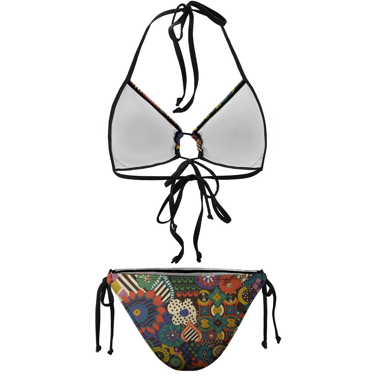 Women's Colorful Bikini Set Abstract Floral and Geometric Print with Tie Side Bottoms